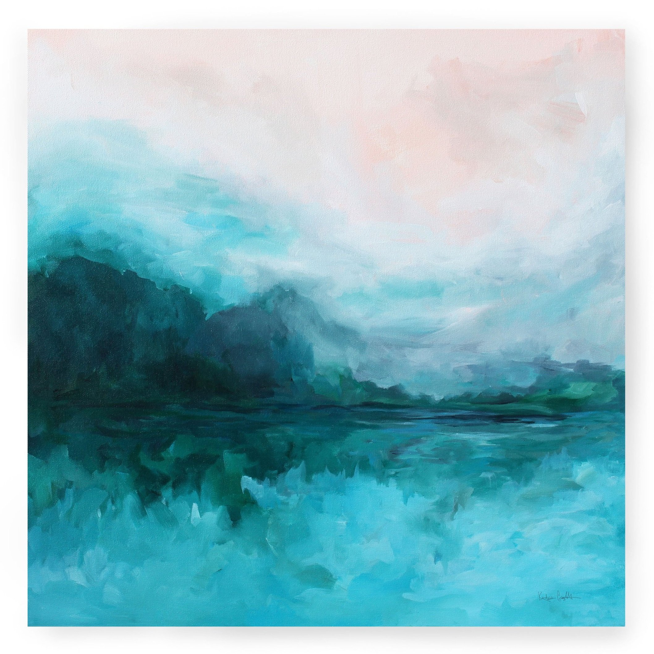 Reflections - Square Print by Kendra Castillo. Teal, Navy and pink tones, calming abstract landscape painting