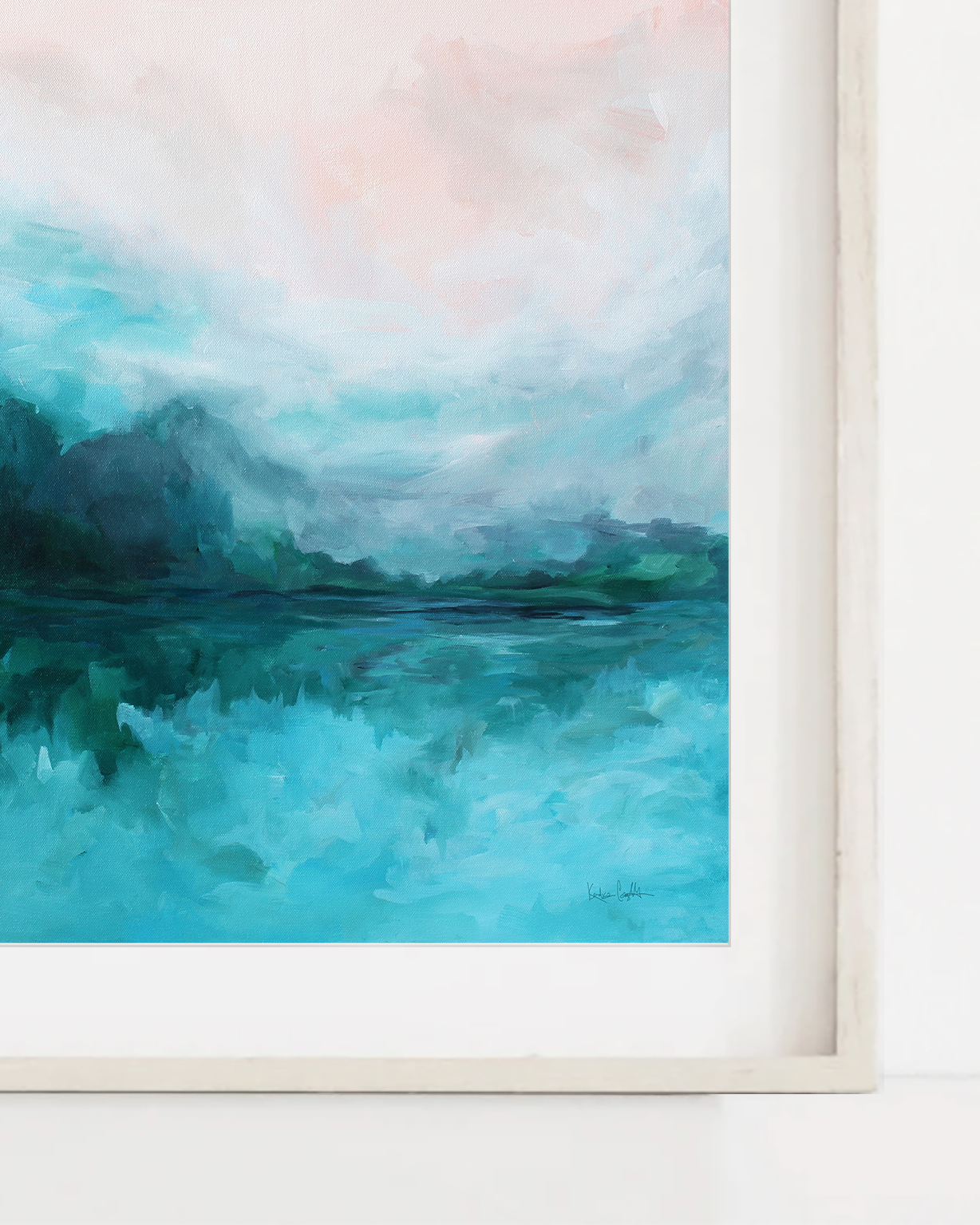 Reflections - Square Print by Kendra Castillo. Teal, Navy and pink tones, calming abstract landscape painting