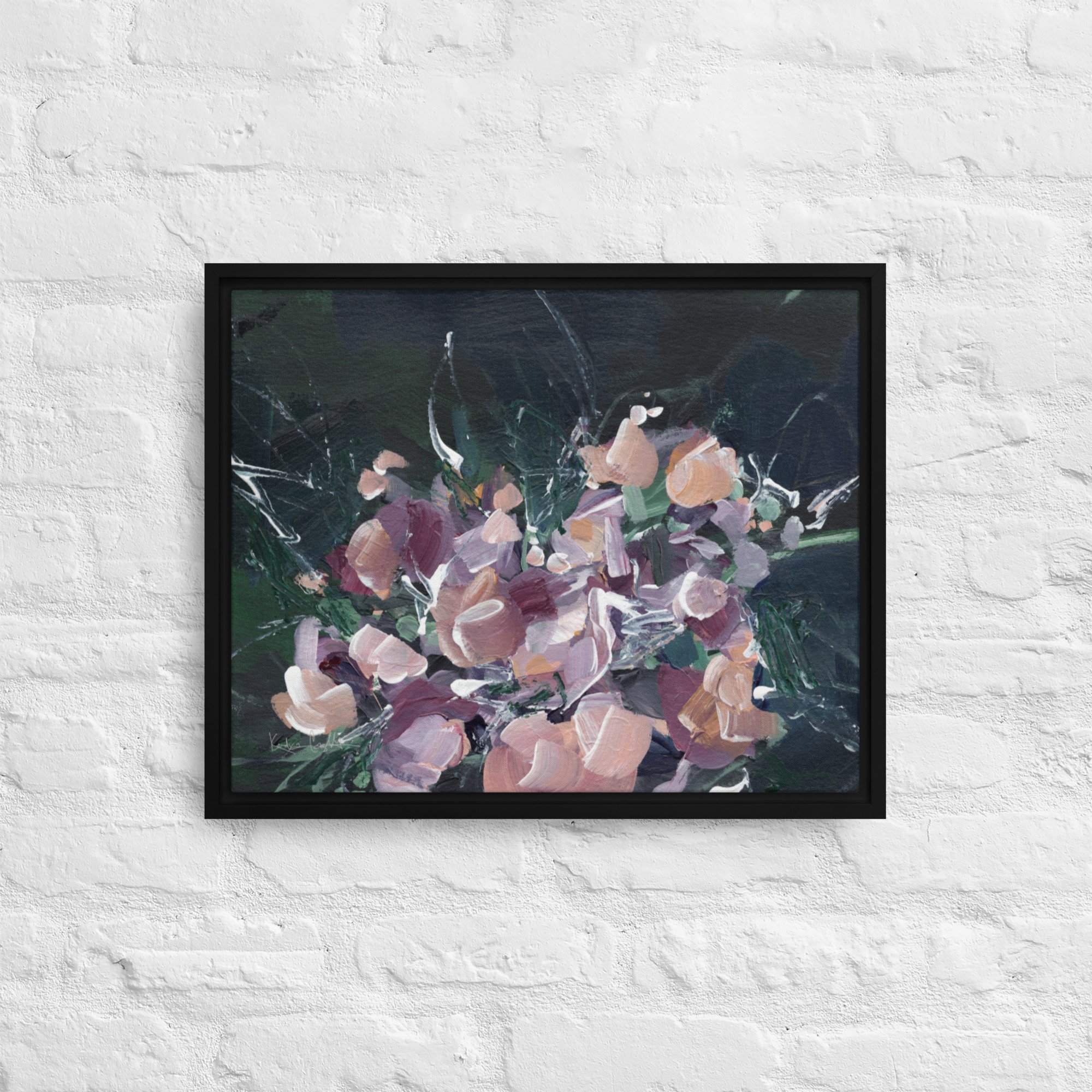 Moody Abstract Flower Painting - "Winters Magic," Framed Canvas Print by Kendra Castillo