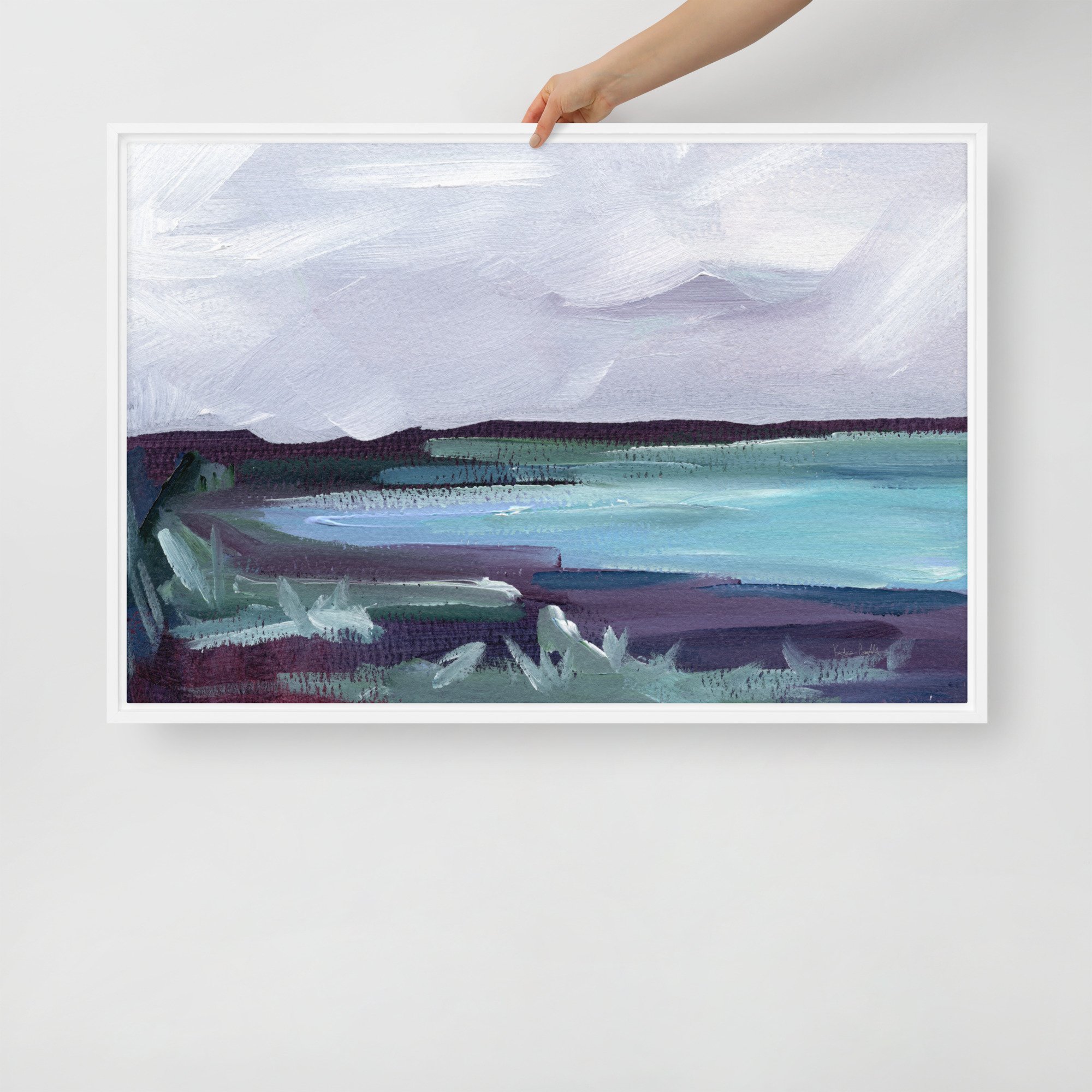 Framed Canvas Print - "Sea Of Teal" a horizontal contemporary landscape painting by Kendra Castillo
