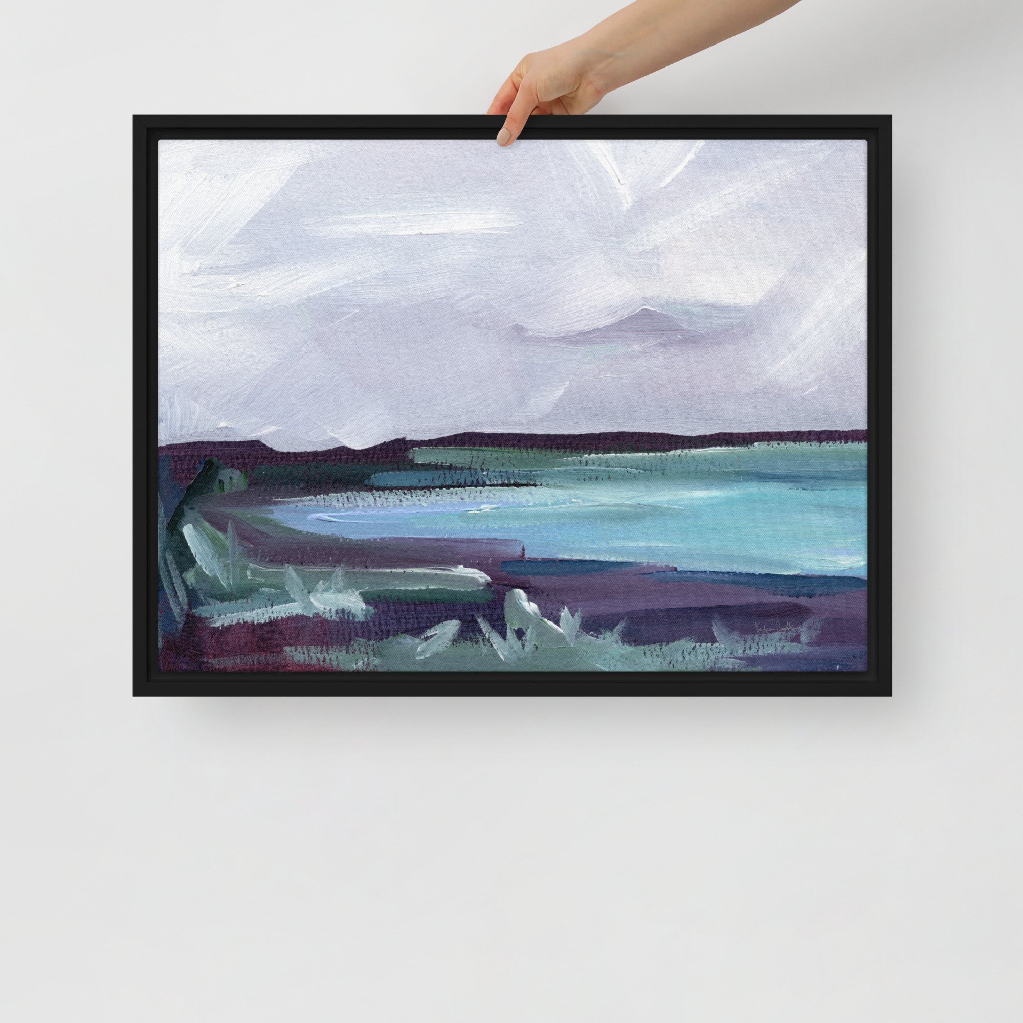 Framed Canvas Print - "Sea Of Teal" a horizontal contemporary landscape painting by Kendra Castillo