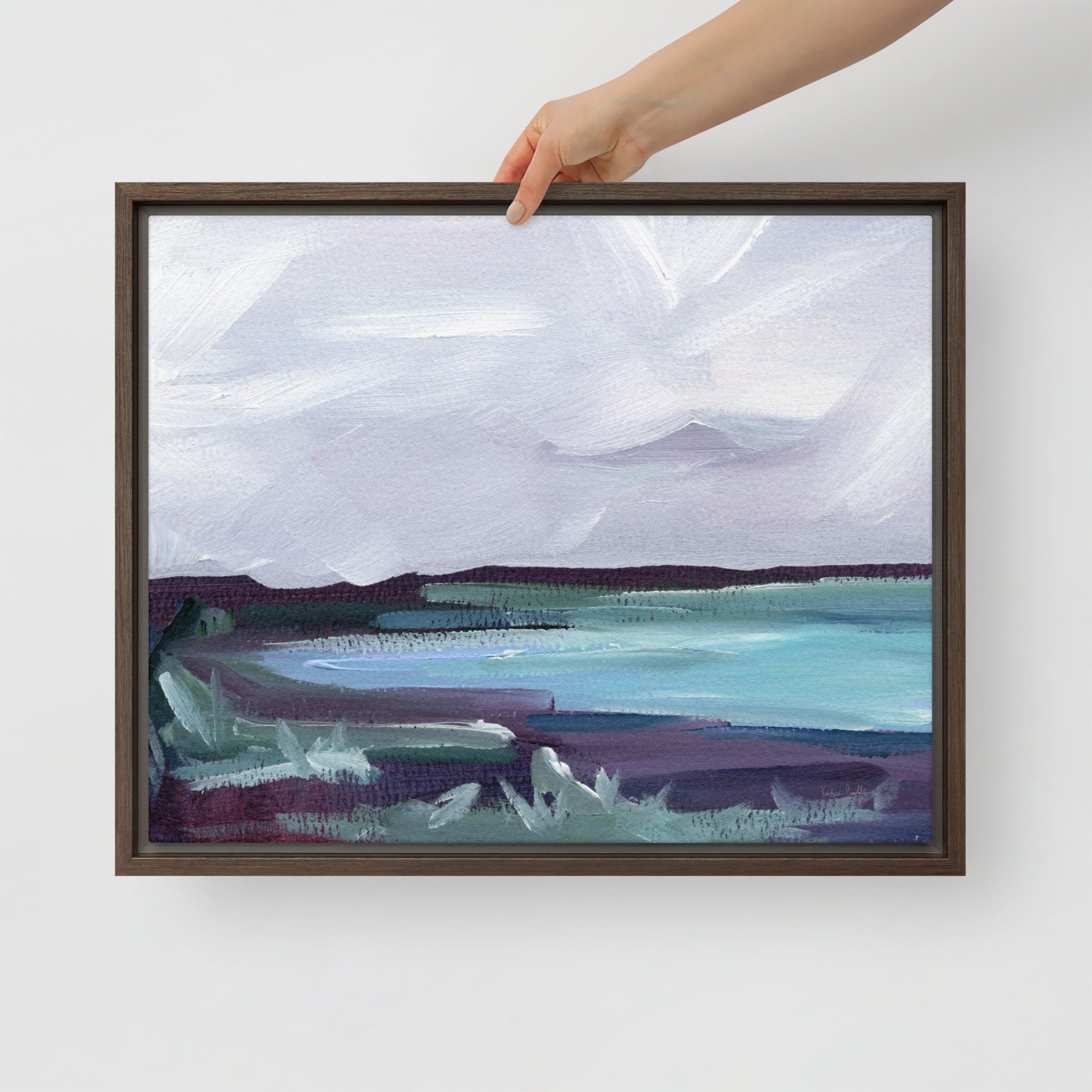 Framed Canvas Print - "Sea Of Teal" a horizontal contemporary landscape painting by Kendra Castillo