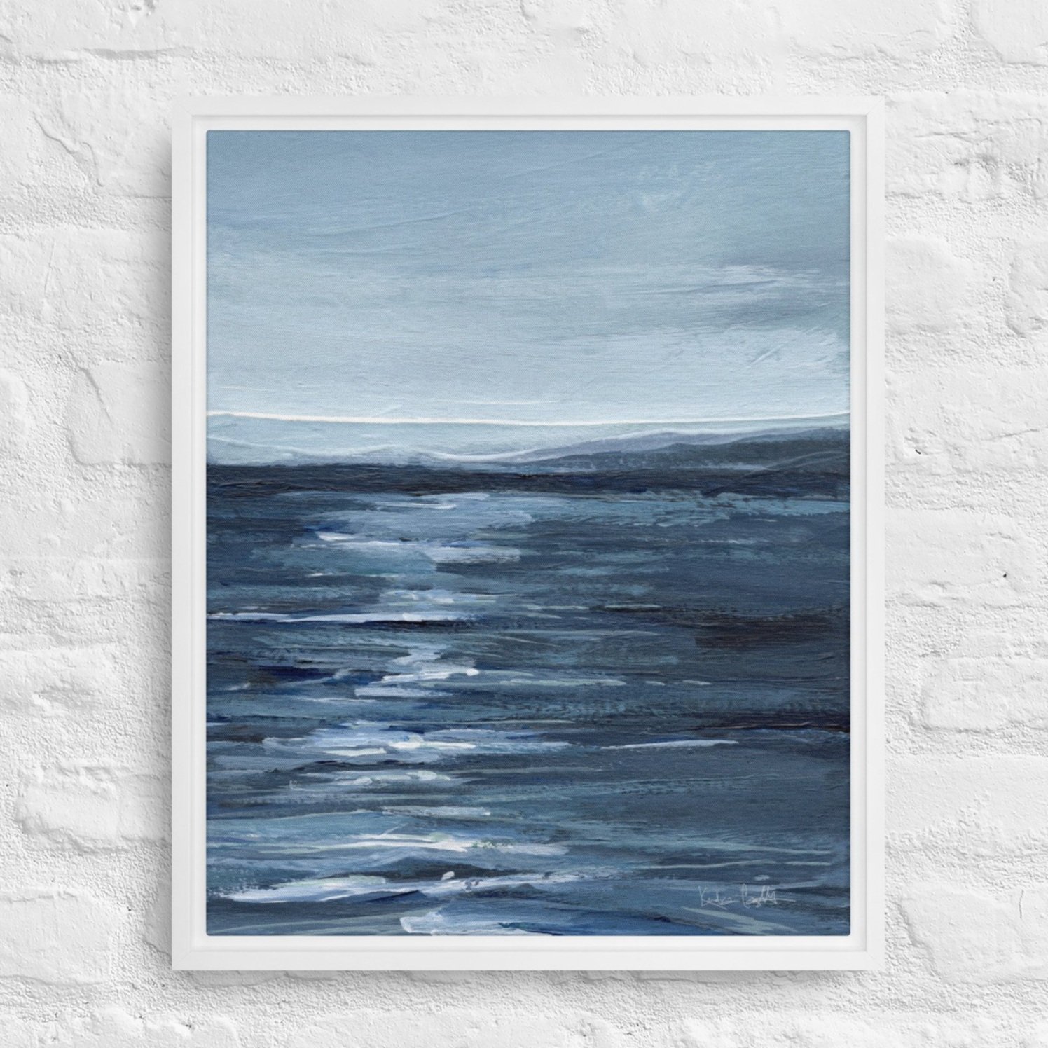 Framed Canvas Print - "Moonlight Water" vertical ocean painting by Kendra Castillo