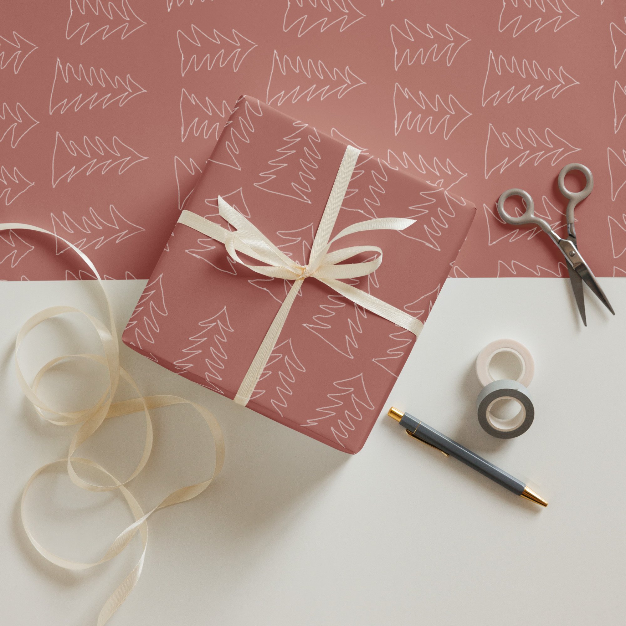 2023 Holiday Wrapping Paper - Christmas gift wrap, red, christmas tree, Kendra Castillo