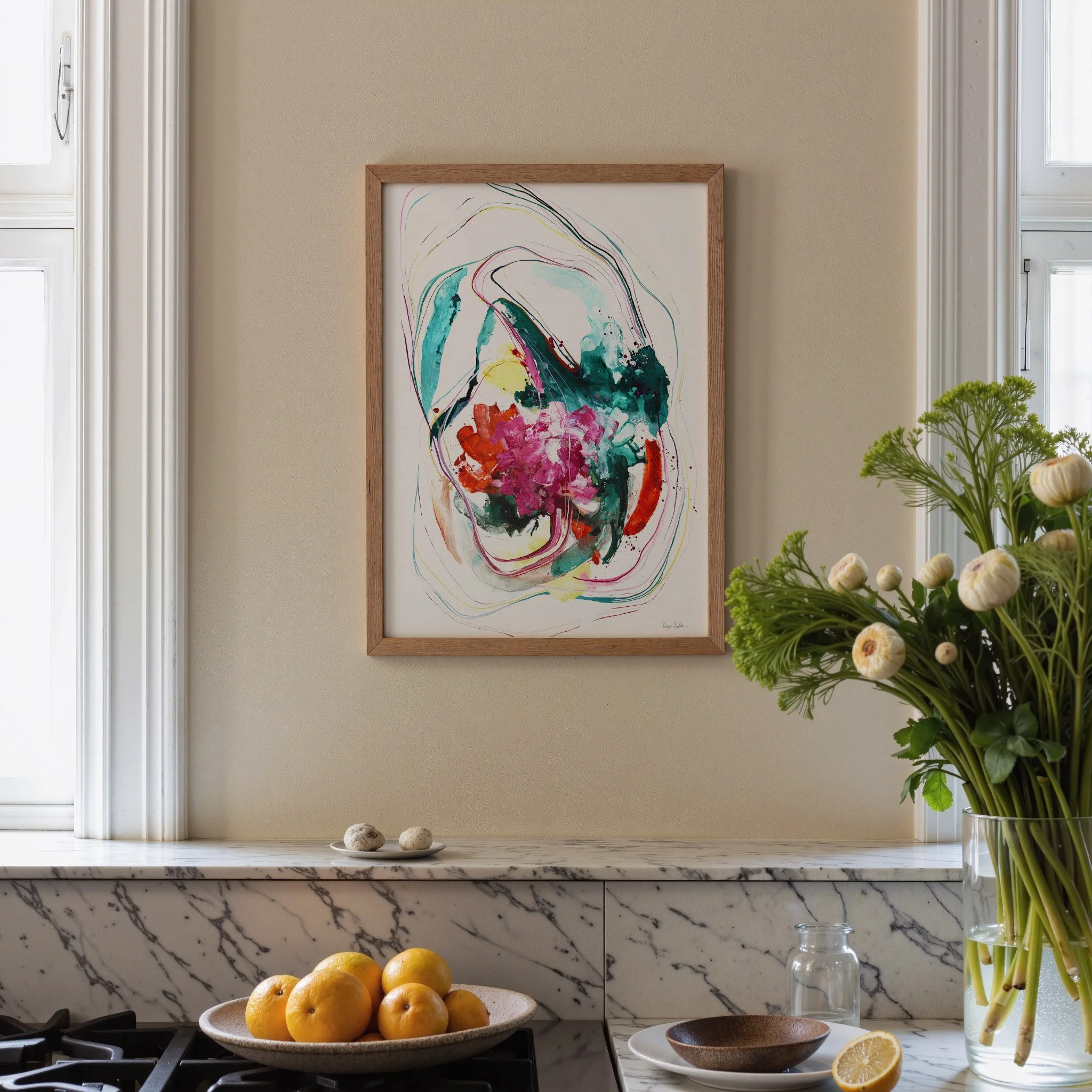 Colorful abstract art print by Kendra Castillo, pink, red, teals accent this vertical art print