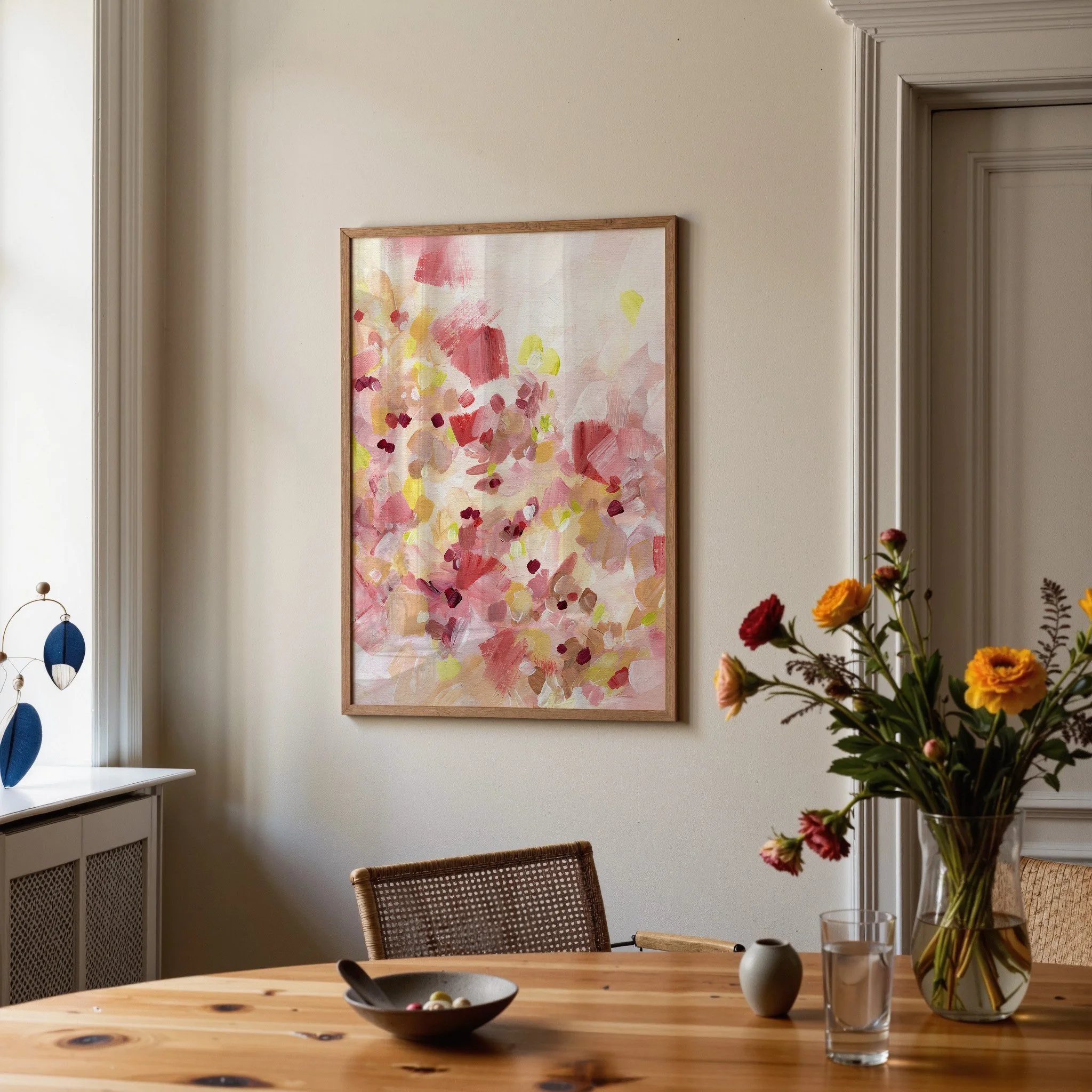 Soft abstract art print with layered pink brushstrokes and warm creamy tones, light airy wall decor. Art by Kendra Castillo