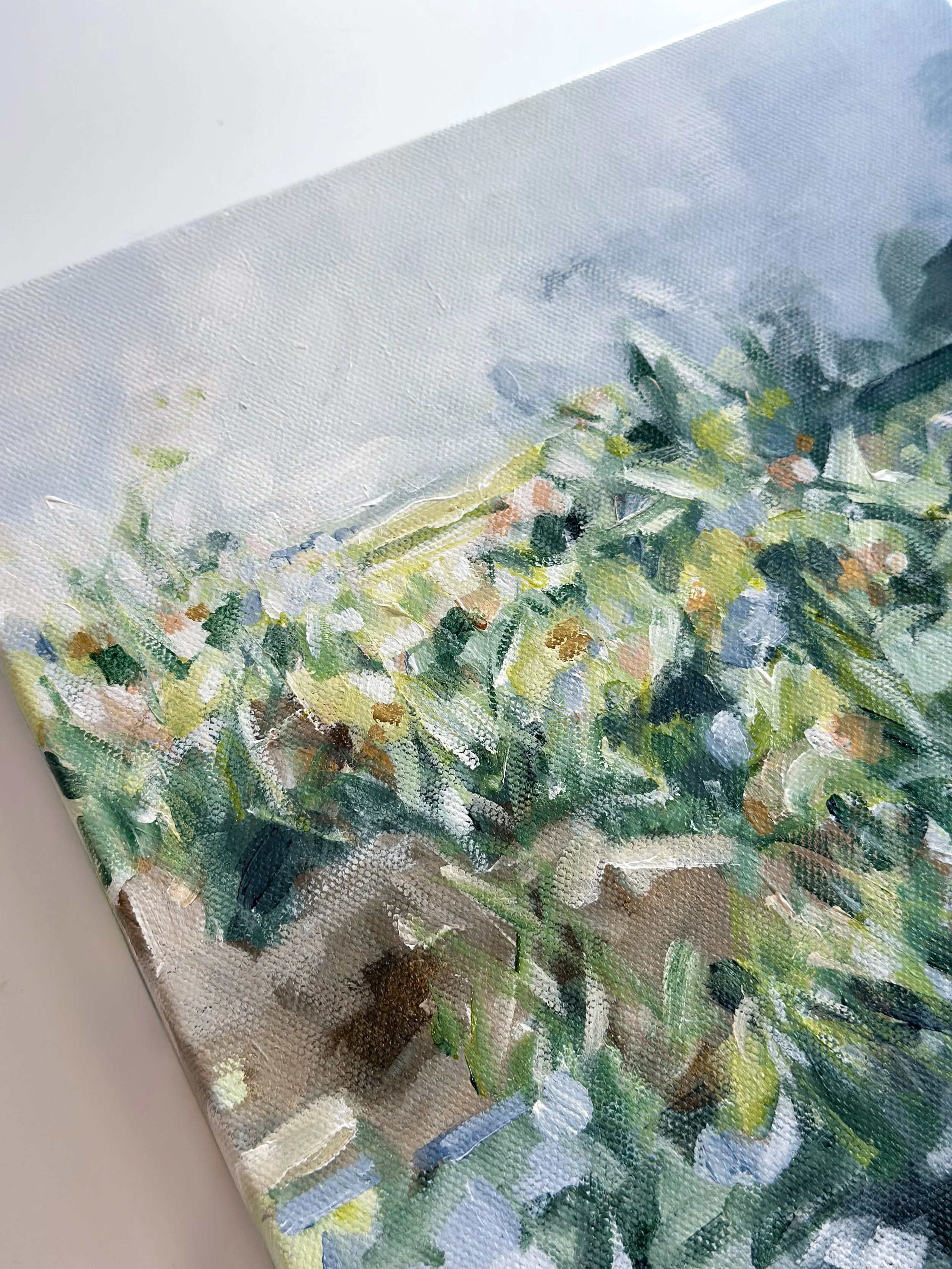 Original square landscape painting in green, blue, and neutral tones, acrylic on canvas, 10x10 inches