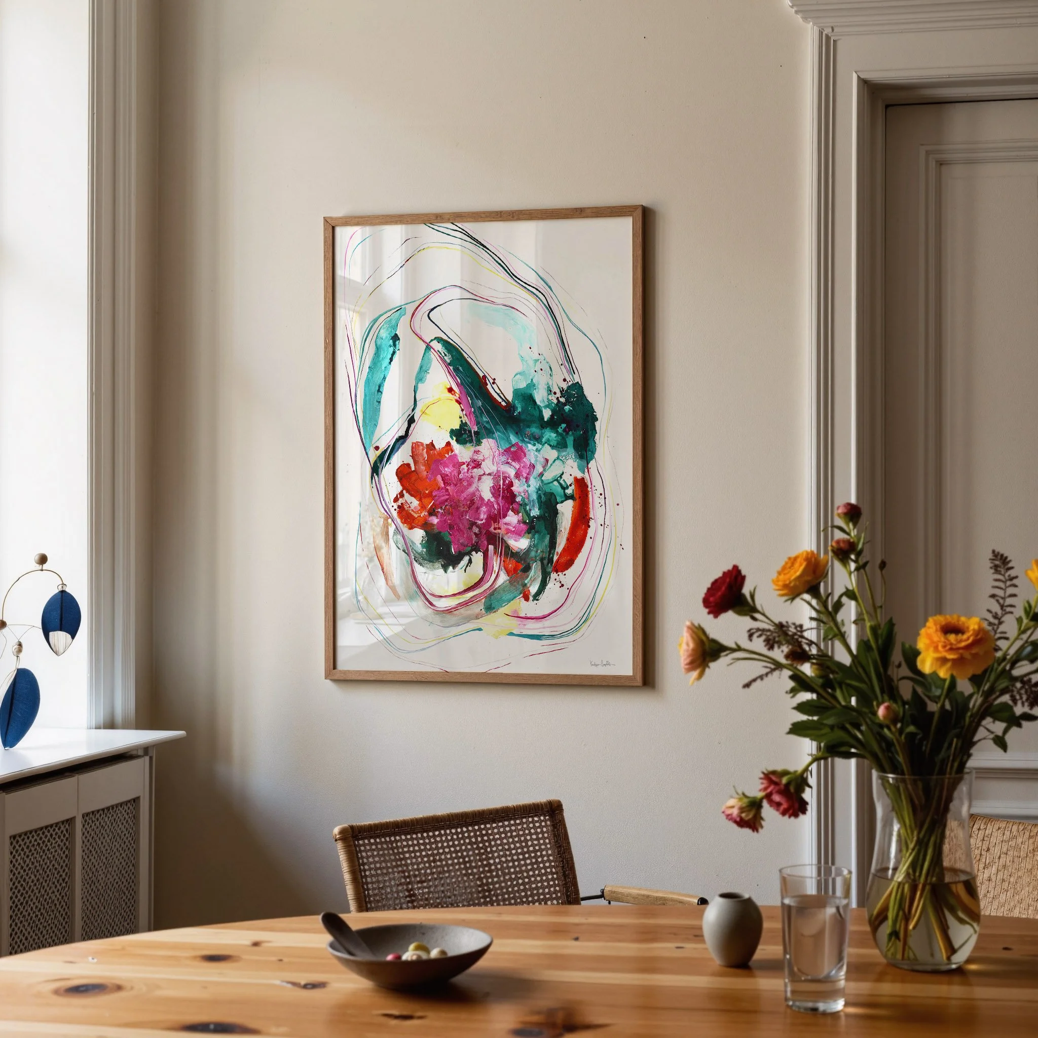 Colorful abstract art print by Kendra Castillo, pink, red, teals accent this vertical art print