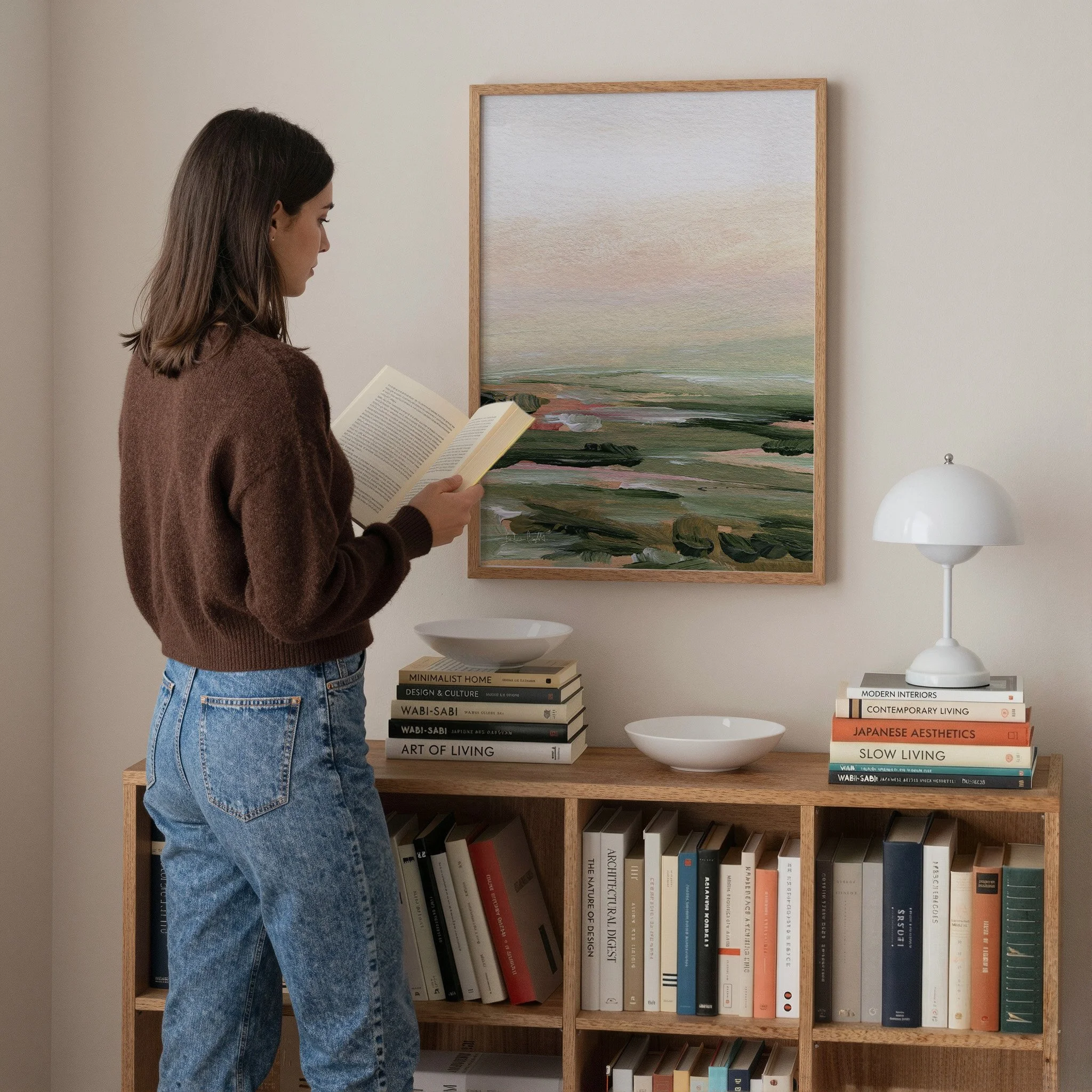 Meadow Dream- vertical fine art landscape print, soft greens, neutral tones. Art by Kendra Castillo