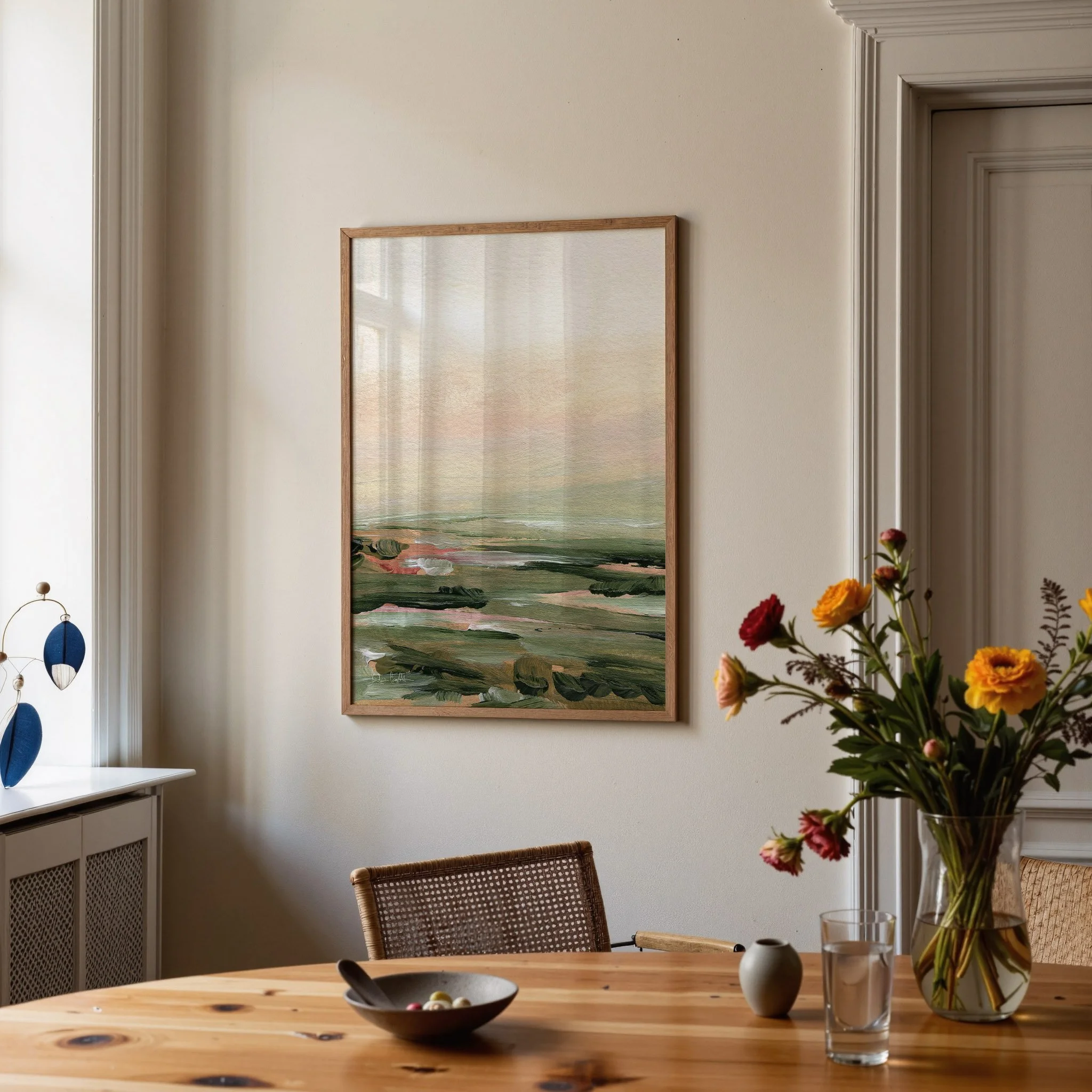 Meadow Dream- vertical fine art landscape print, soft greens, neutral tones. Art by Kendra Castillo