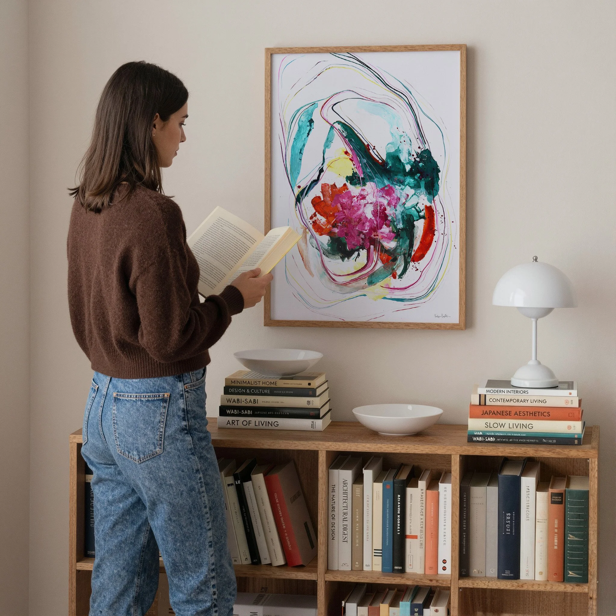 Colorful abstract art print by Kendra Castillo, pink, red, teals accent this vertical art print