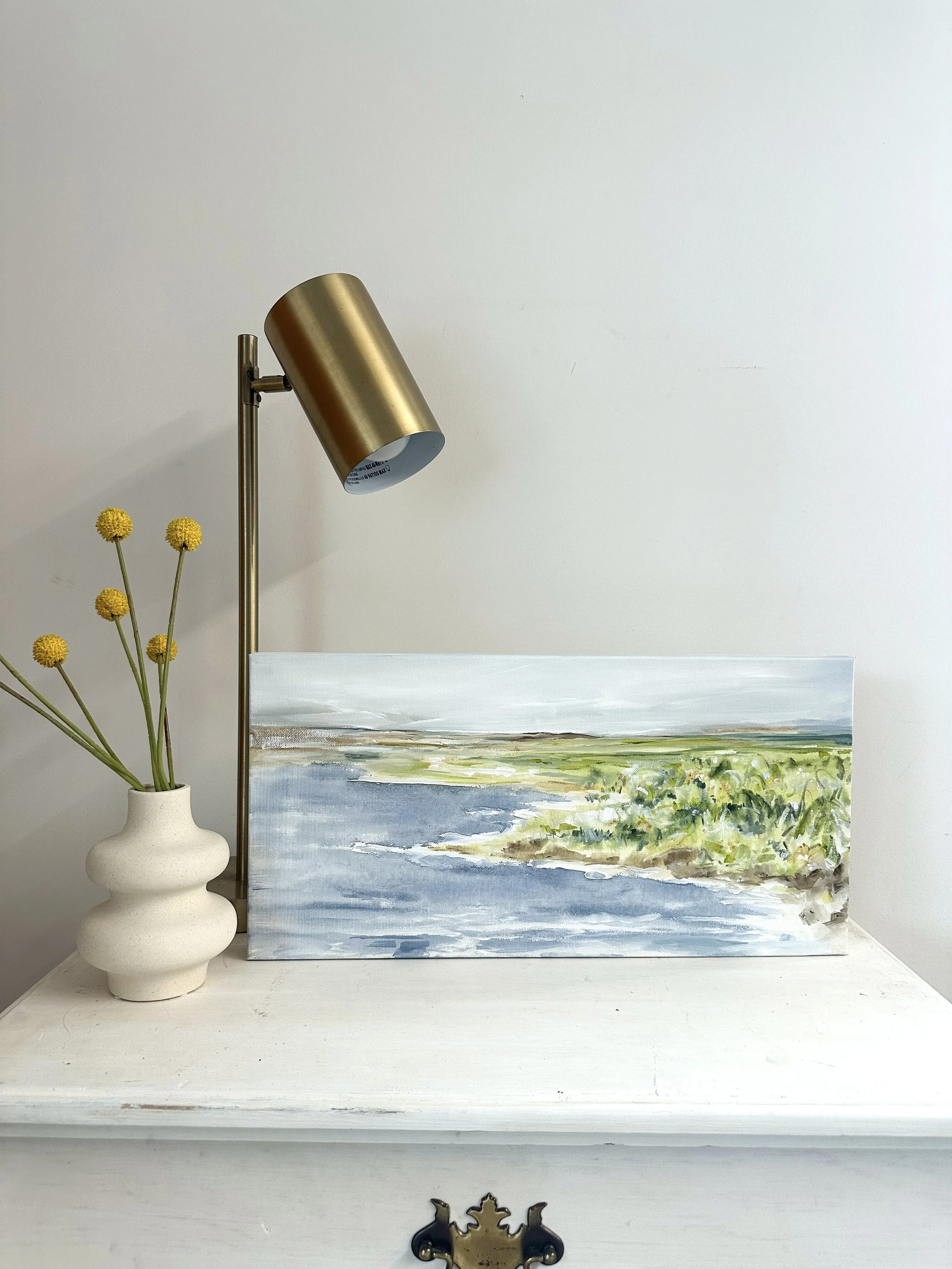 Small original marsh landscape painting with water, grasses, and soft neutral sky