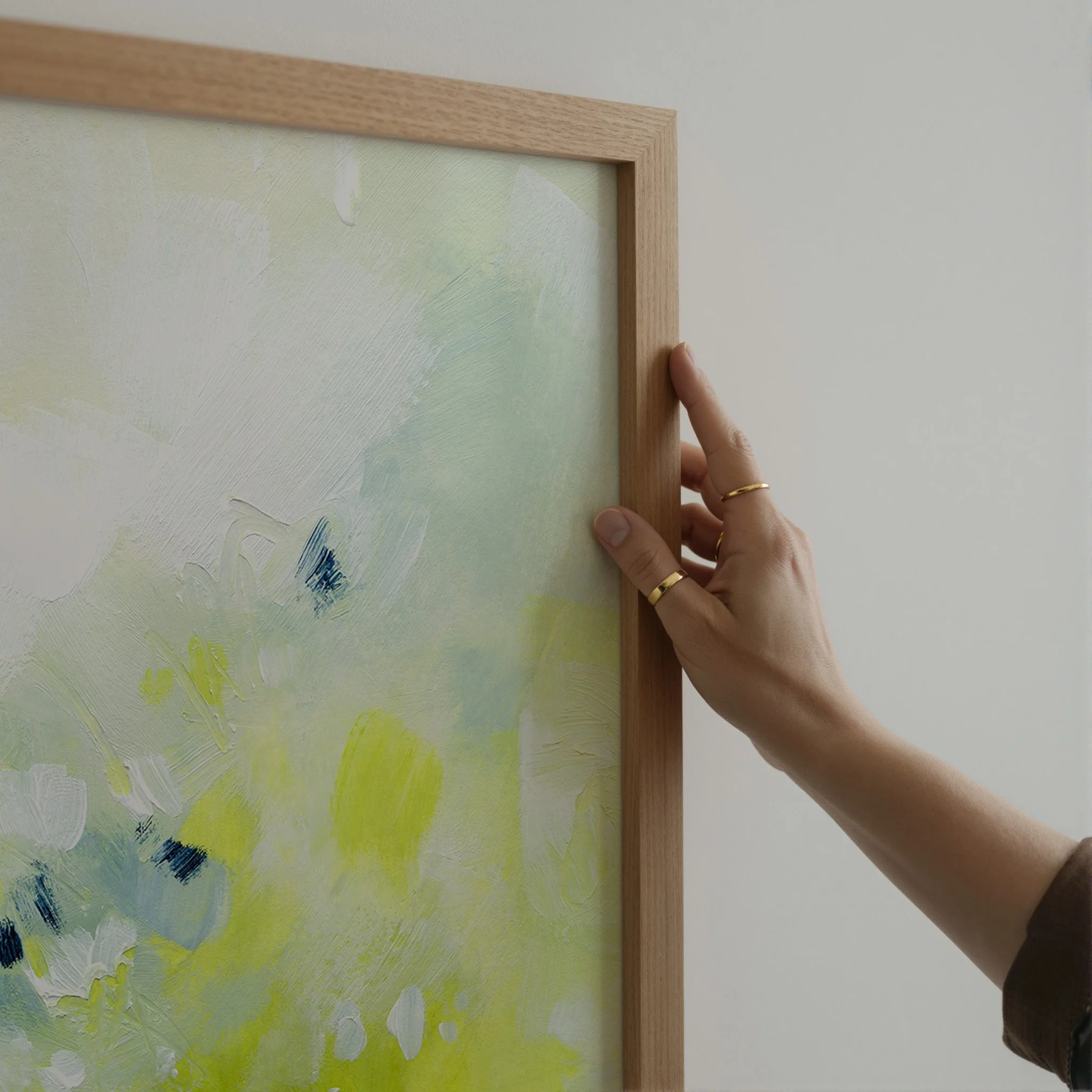 Minimal abstract fine art print with pale sage and bright chartreuse accents, fresh contemporary wall decor. Art by Kendra Castillo, Bellingham Washington artist
