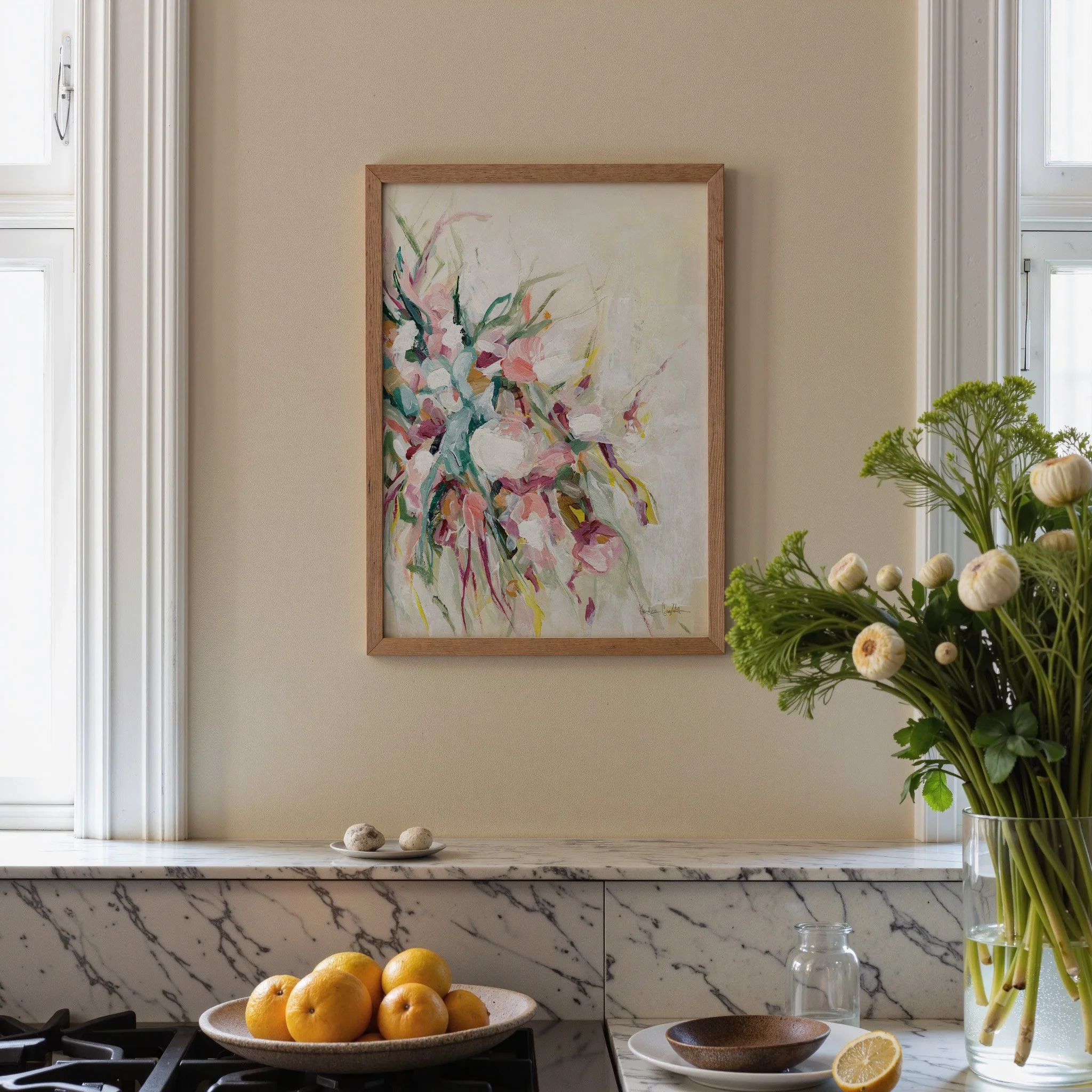 Abstract floral wall art print with soft pink, cream, and sage tones, airy modern decor. Art by Kendra Castillo, Bellingham Washington Artist