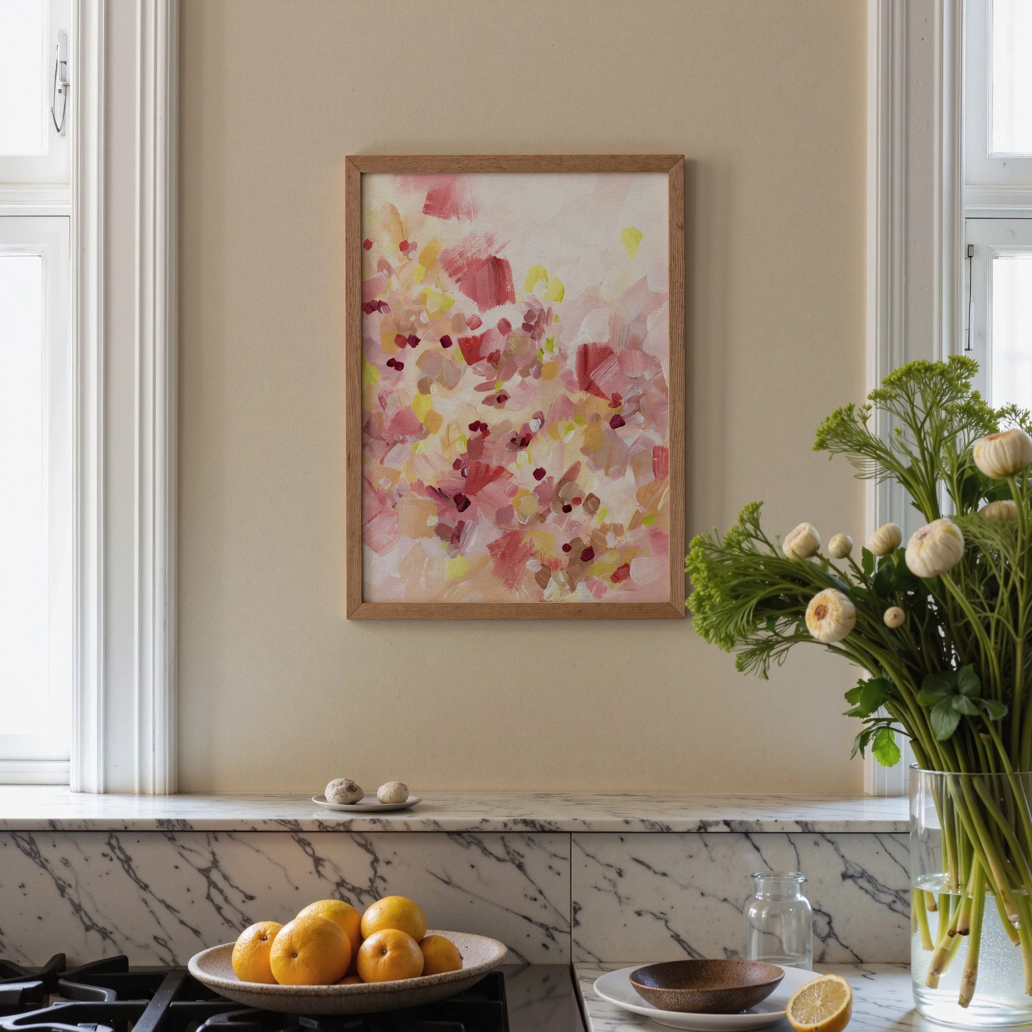 Soft abstract art print with layered pink brushstrokes and warm creamy tones, light airy wall decor. Art by Kendra Castillo