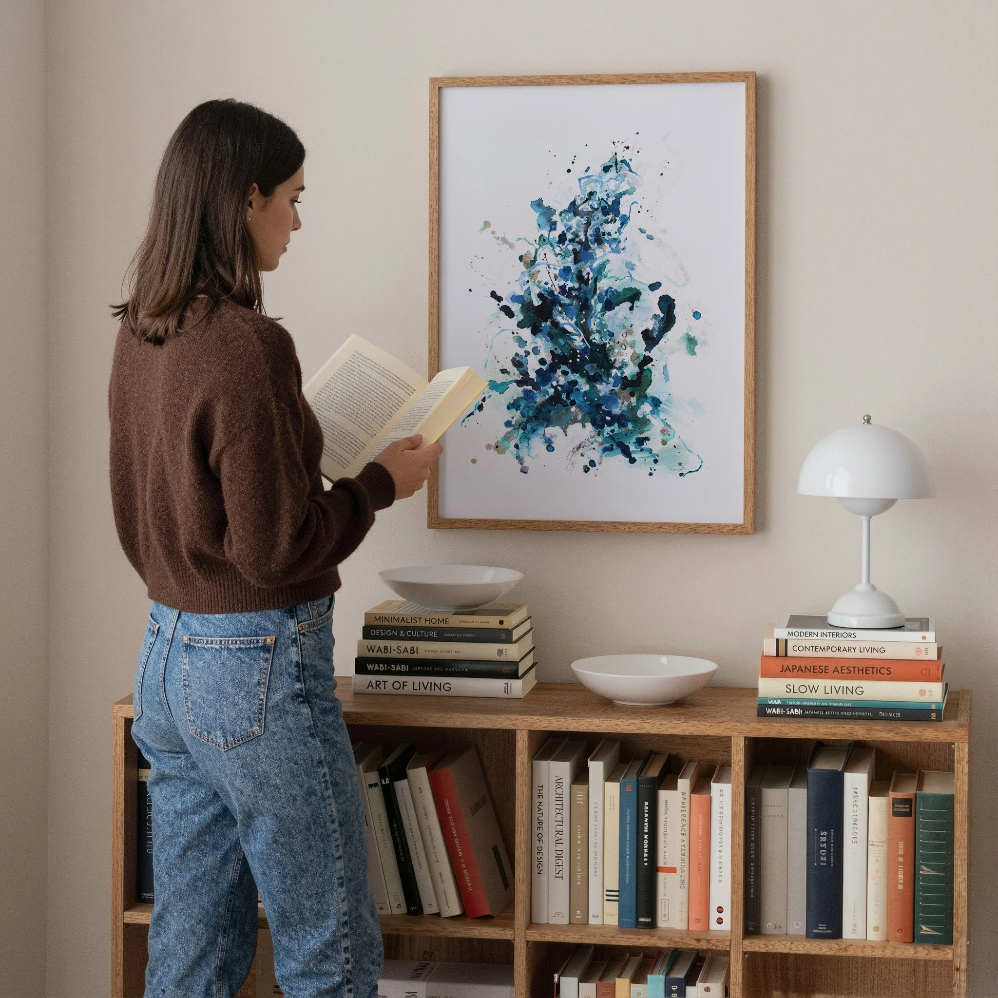 Blue and teal abstract art print with expressive splatter details, modern wall decor with airy white space. Vertical art print by Kendra Castillo, Bellingham, Washington artist