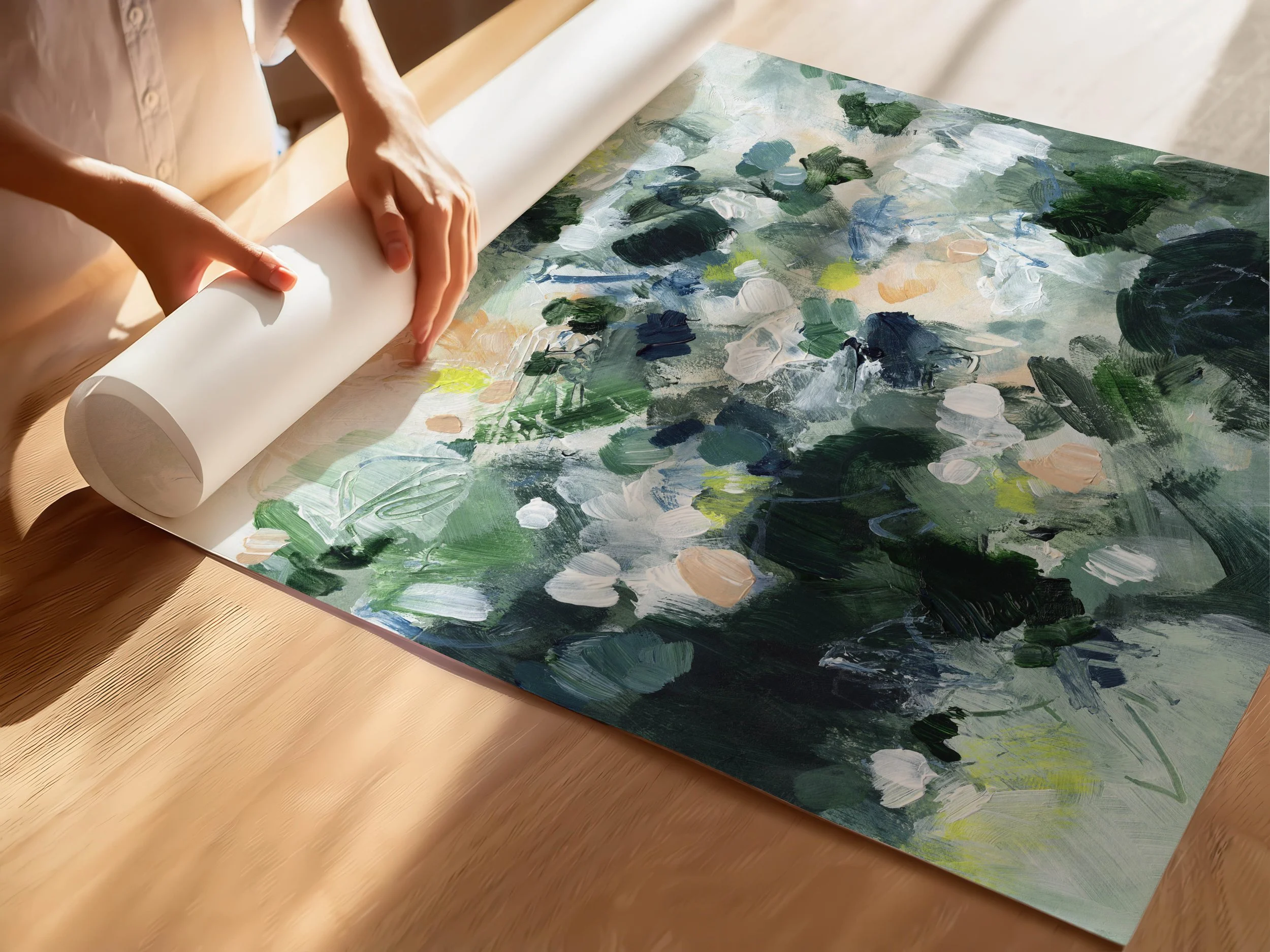 Green abstract wall art print with layered brushstrokes and soft neutral accents, organic modern decor. Art by Kendra Castillo, Bellingham Washington artist