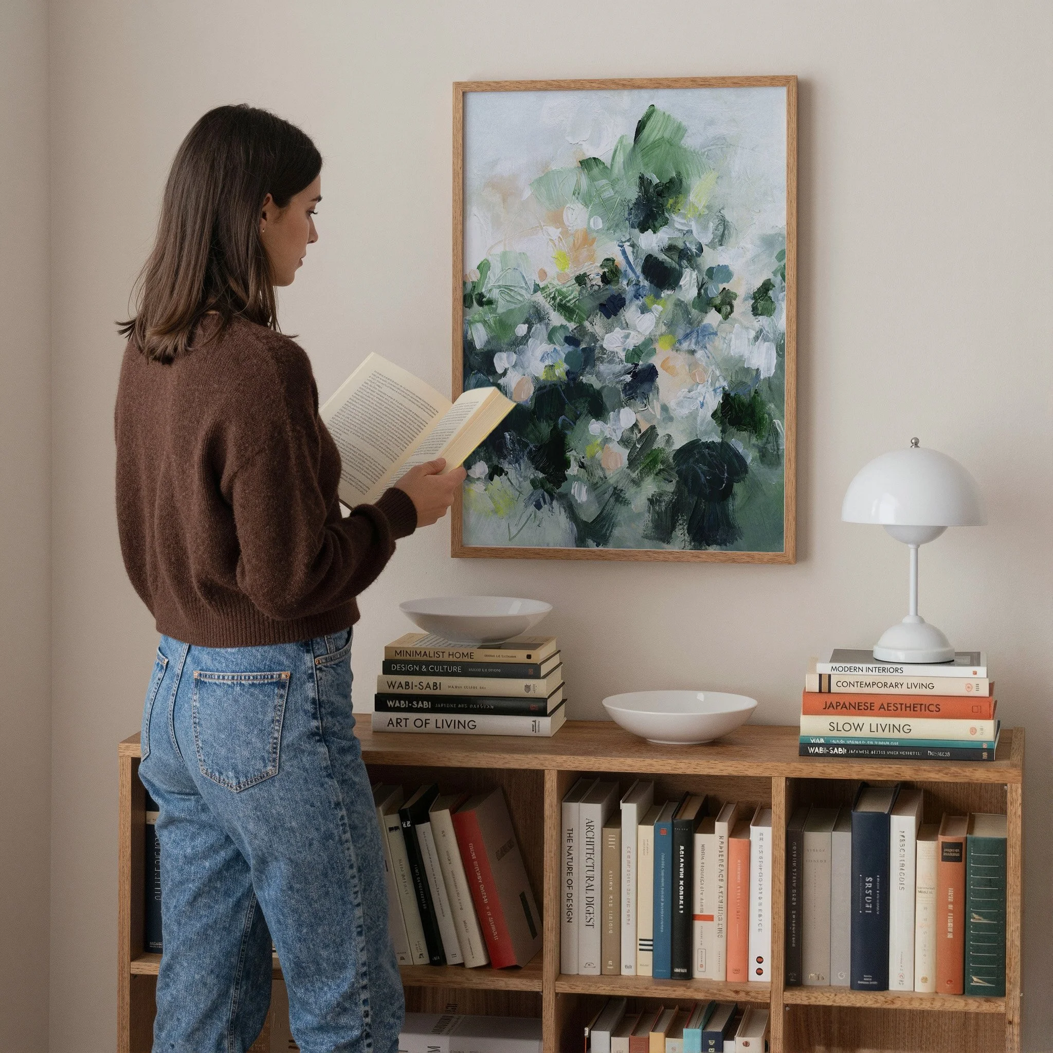 Green abstract wall art print with layered brushstrokes and soft neutral accents, organic modern decor. Art by Kendra Castillo, Bellingham Washington artist