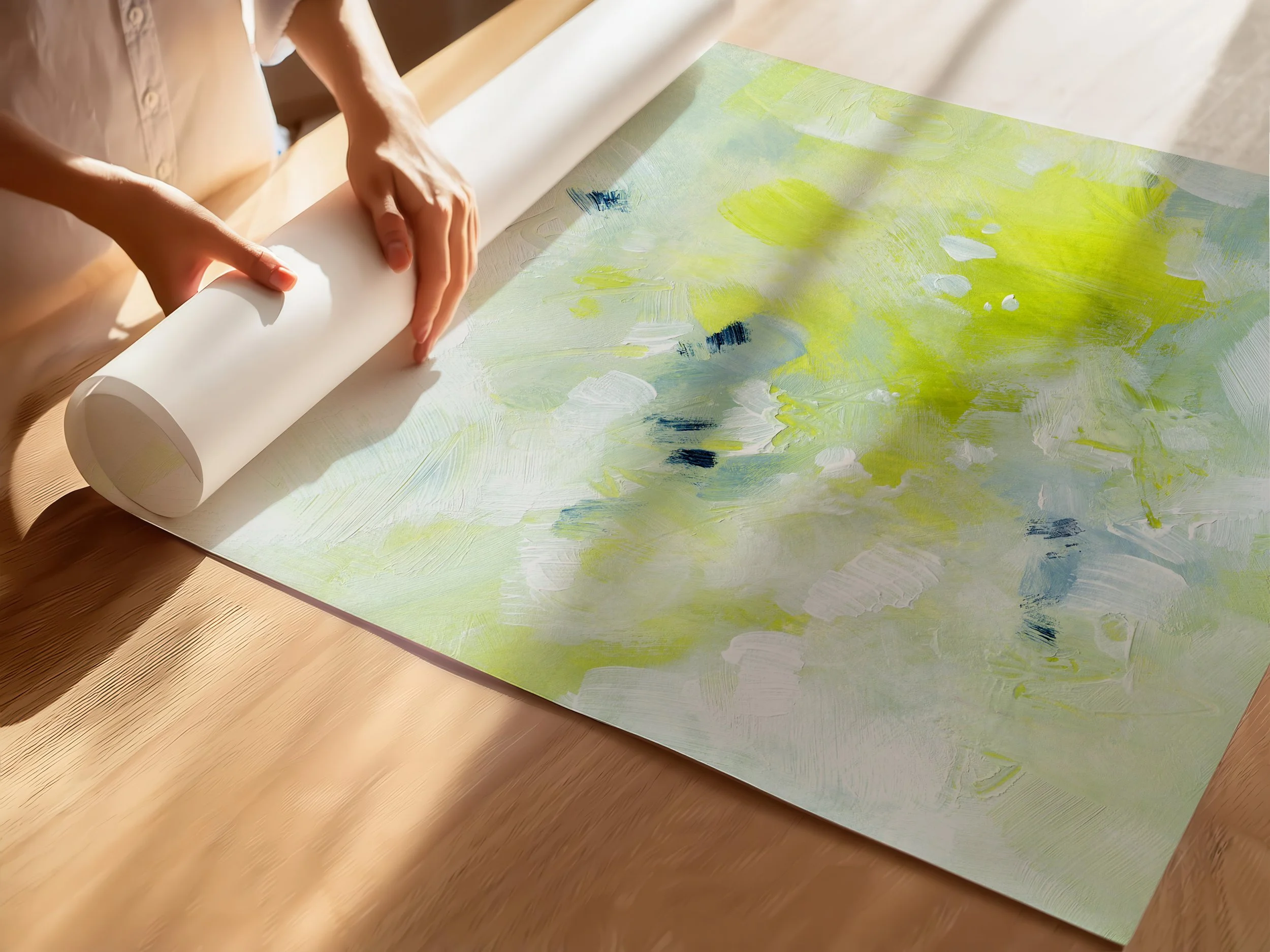 Minimal abstract fine art print with pale sage and bright chartreuse accents, fresh contemporary wall decor. Art by Kendra Castillo, Bellingham Washington artist