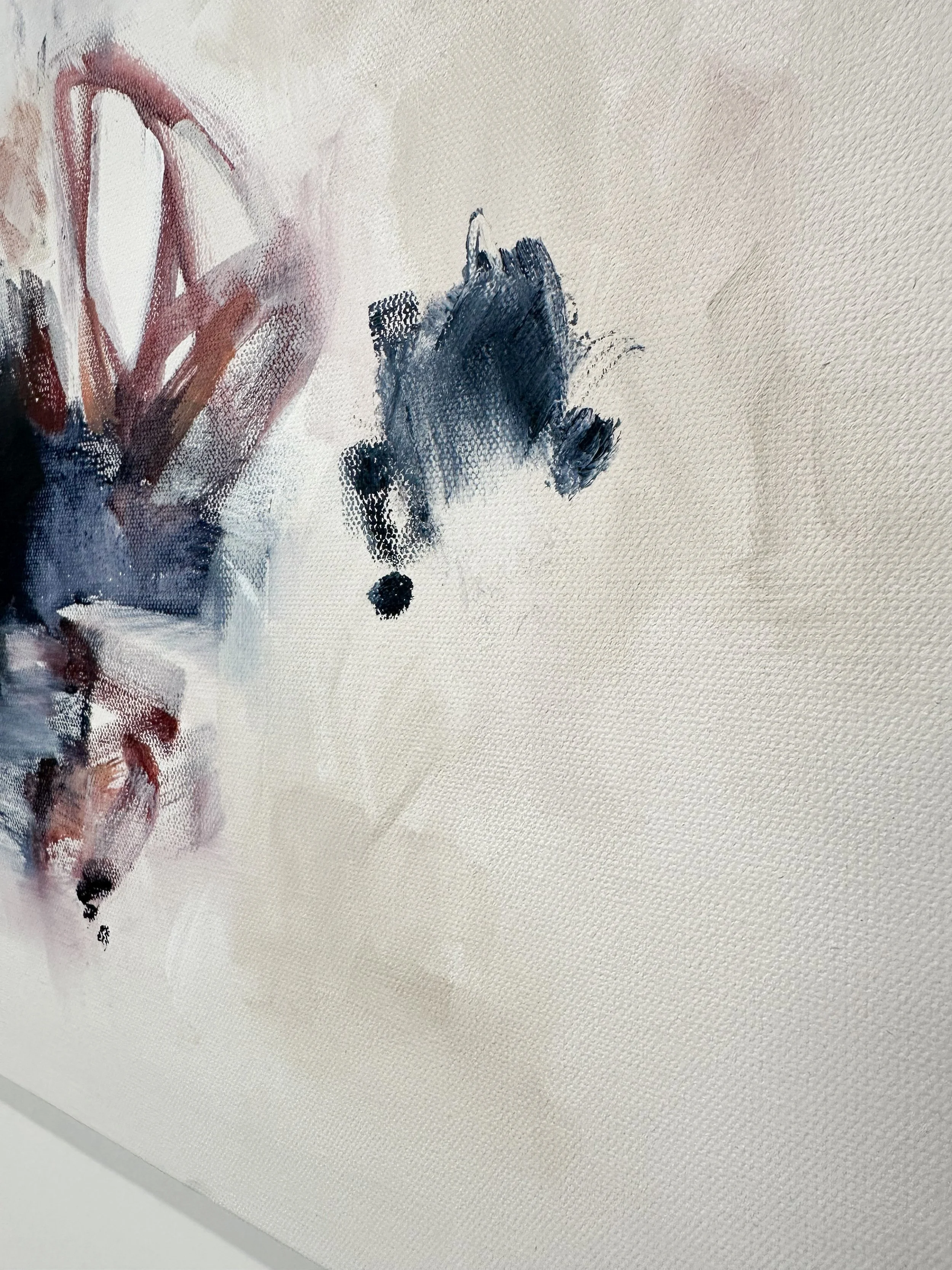 Soft abstract original painting on canvas by Bellingham artist Kendra Castillo, featuring feminine blush tones, navy contrast, and expressive movement.