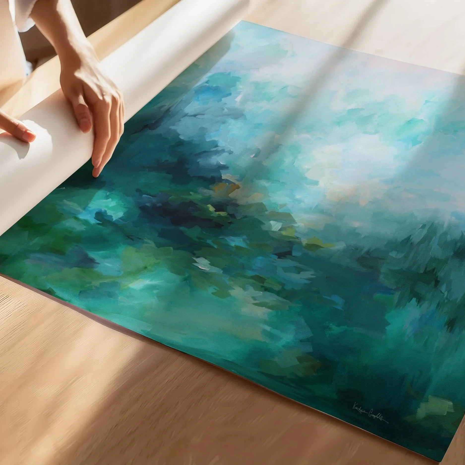 Close-up of Side By Side abstract landscape art print by Kendra Castillo featuring layered teal and green brushstrokes on archival paper.