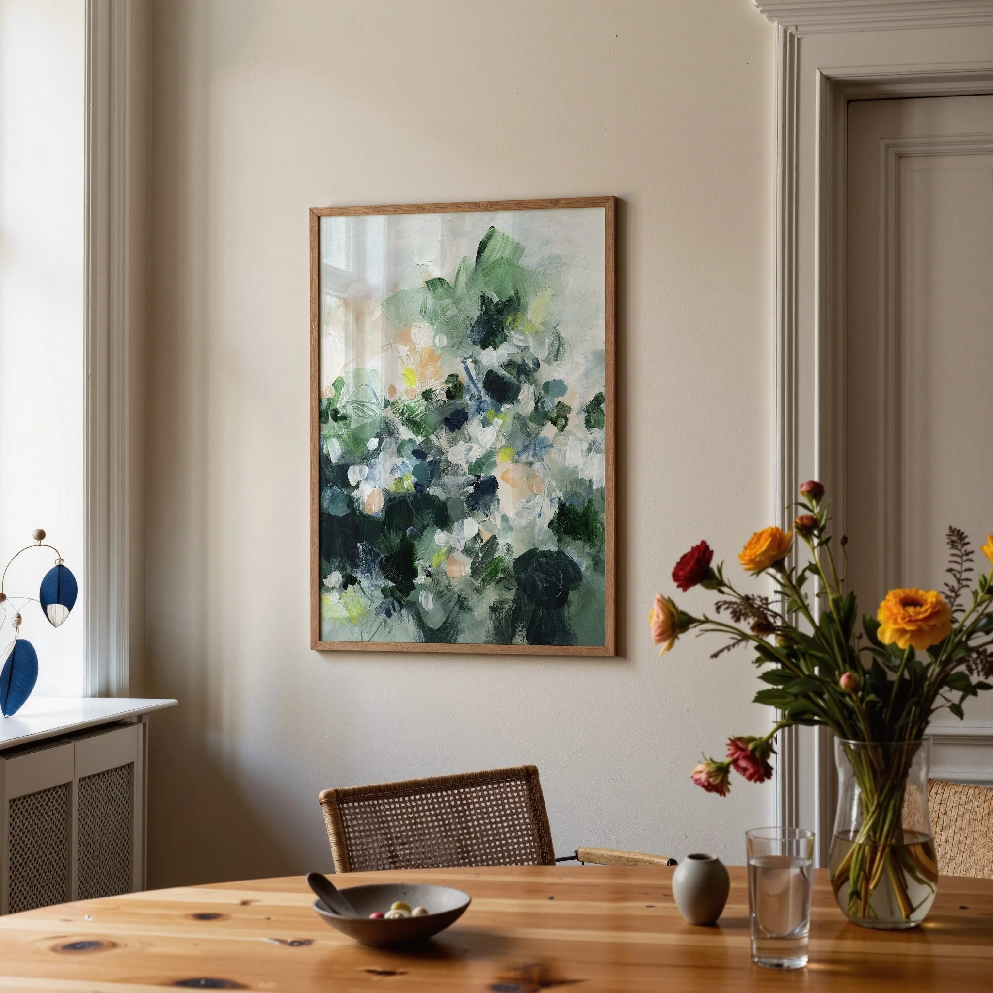 Deep green and navy abstract floral art print with layered brushwork, white and peach accents, and lush garden-inspired texture, modern botanical wall decor. Print by Kendra Castillo, Bellingham Washington artist.