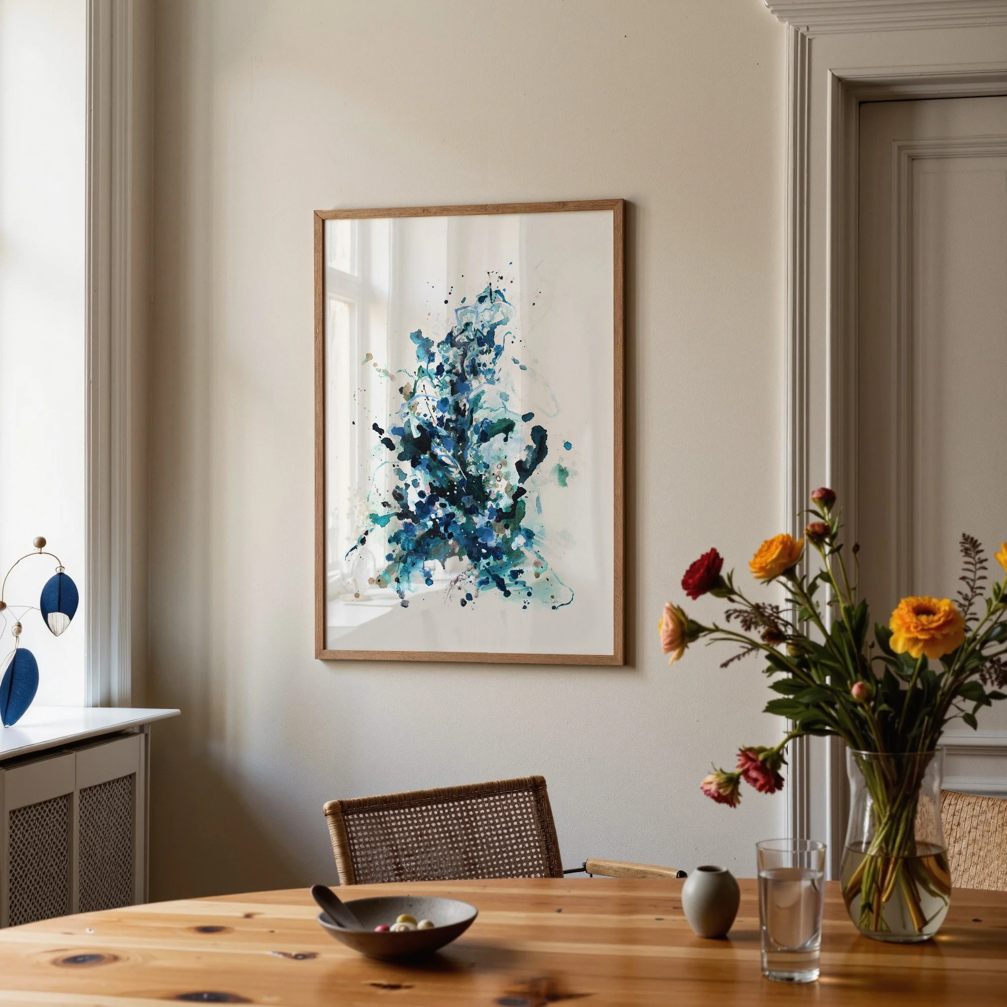 Blue and teal abstract art print with expressive splatter details, modern wall decor with airy white space. Vertical art print by Kendra Castillo, Bellingham, Washington artist