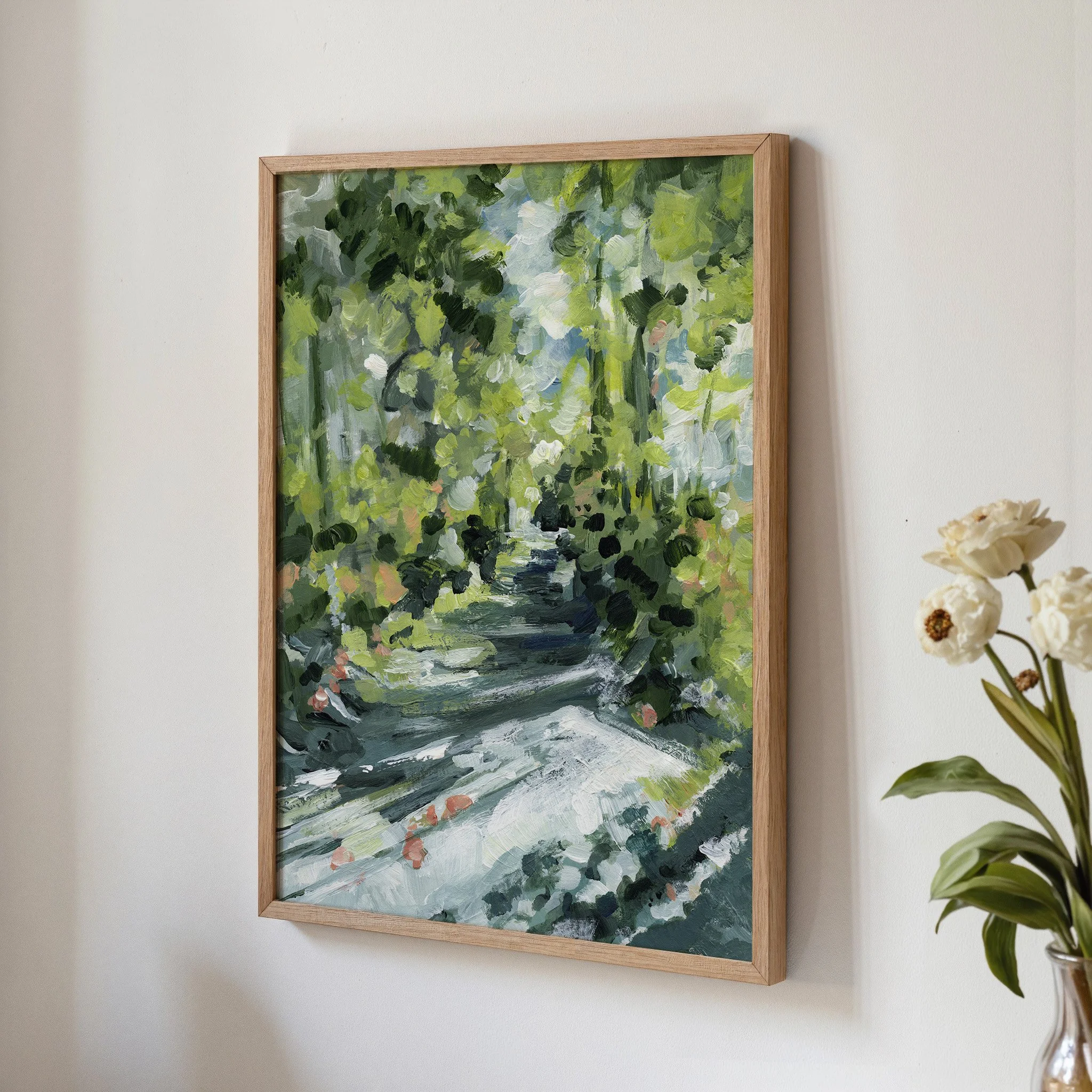 Abstract forest landscape wall art print in layered greens and soft neutrals, contemporary organic decor. Vertical Print by Kendra Castillo, Bellingham Washington artist