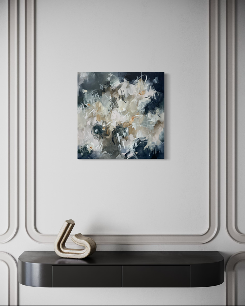 Original 24x24 abstract wall art by Bellingham artist Kendra Castillo with moody blue tones, soft neutrals, and energetic painted details.