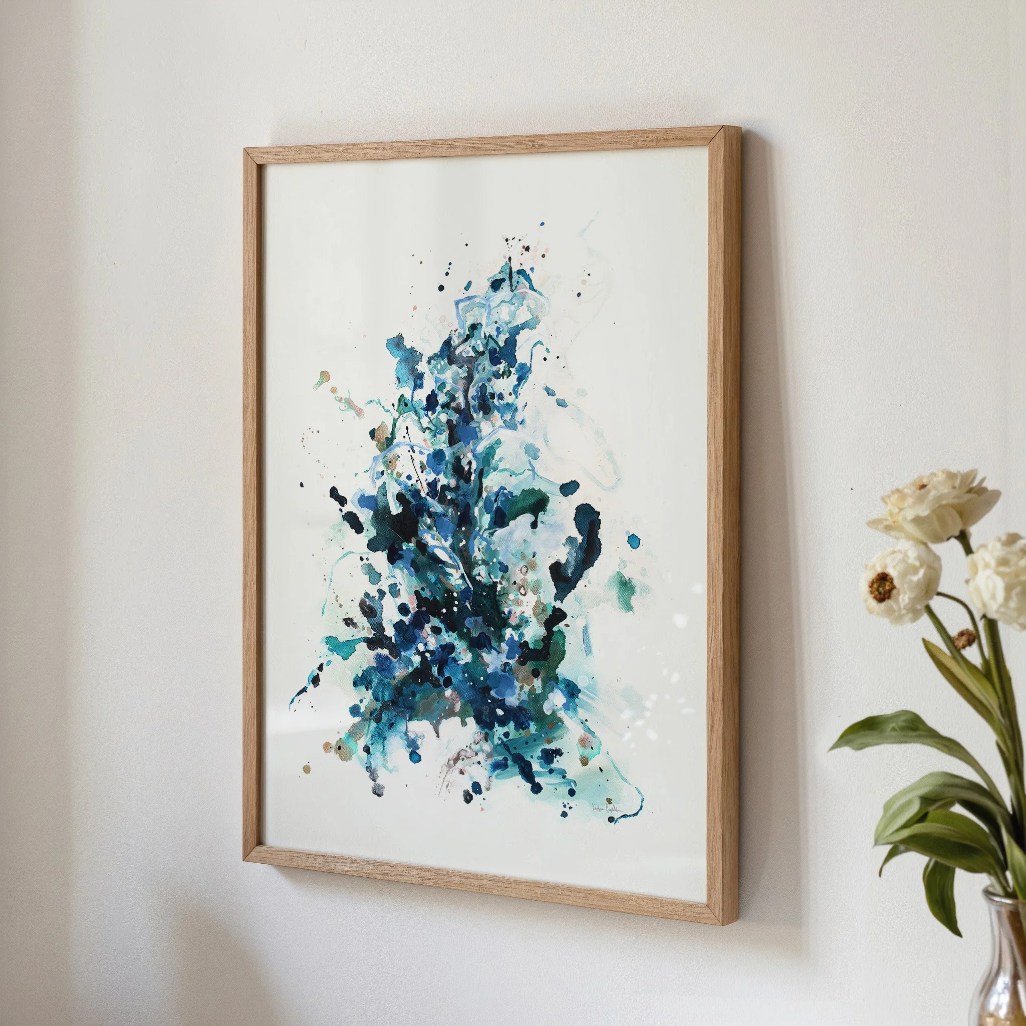 Blue and teal abstract art print with expressive splatter details, modern wall decor with airy white space. Vertical art print by Kendra Castillo, Bellingham, Washington artist