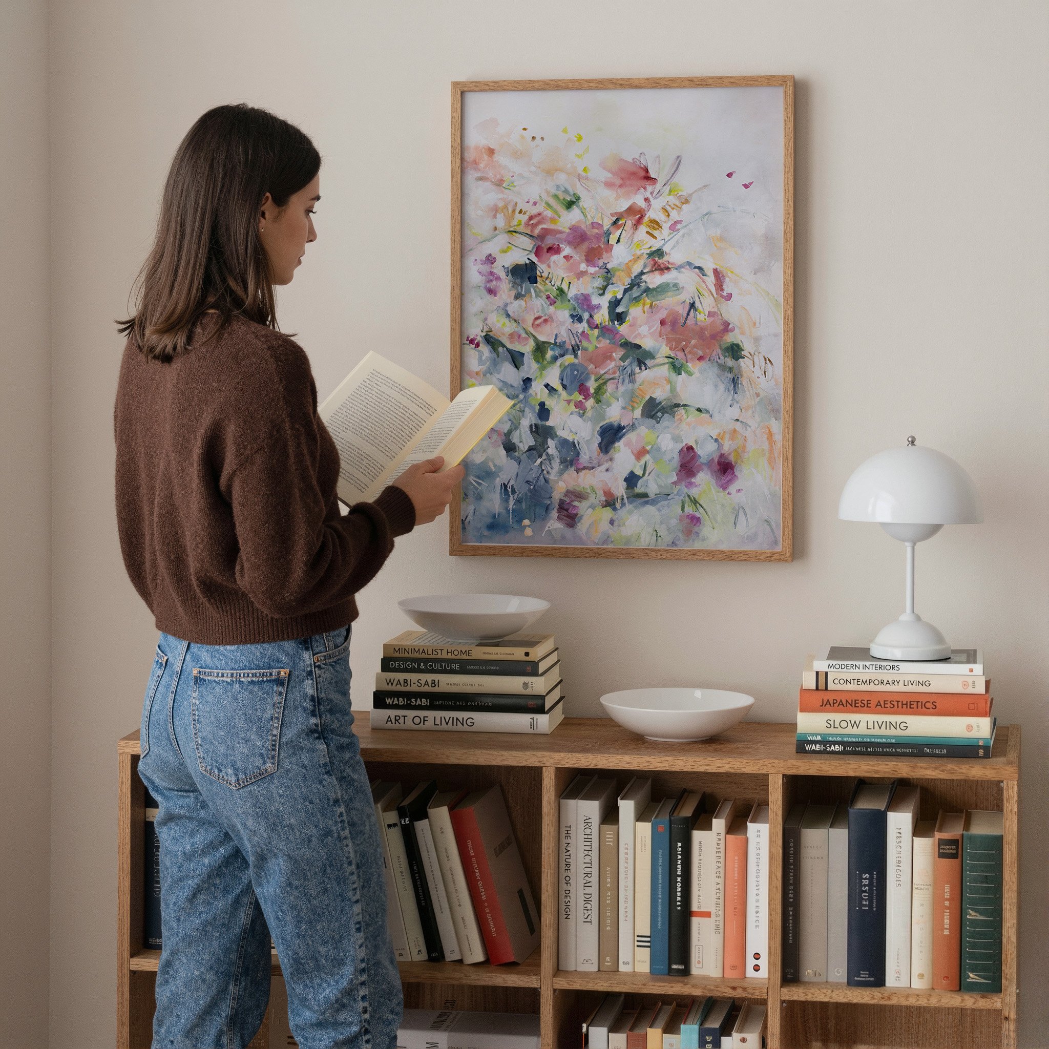 Soft floral abstract art print with pastel pink, blush, and muted blue tones, modern airy wall decor. Vertical art print by Kendra Castillo. Bellingham Washington artist