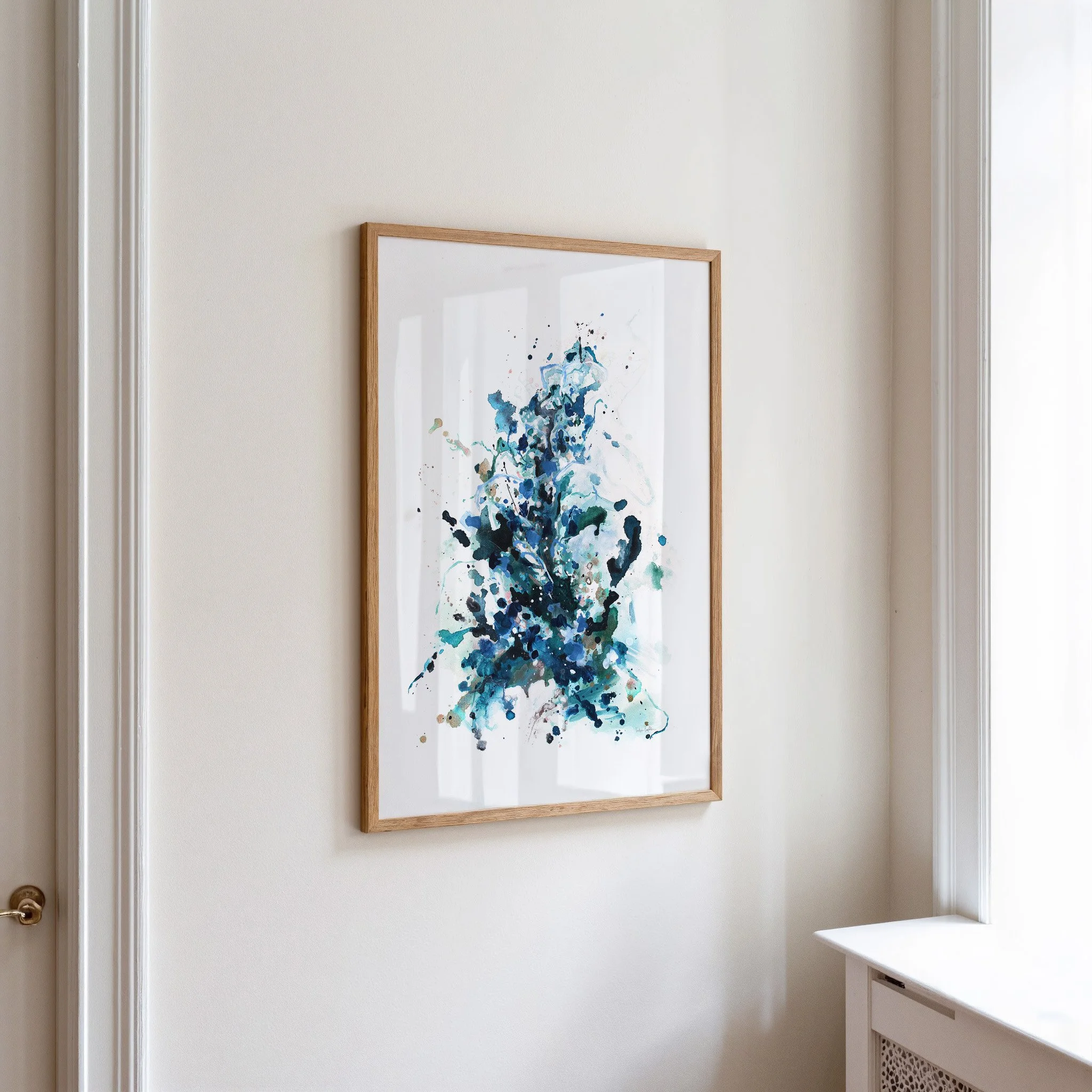 Blue and teal abstract art print with expressive splatter details, modern wall decor with airy white space. Vertical art print by Kendra Castillo, Bellingham, Washington artist