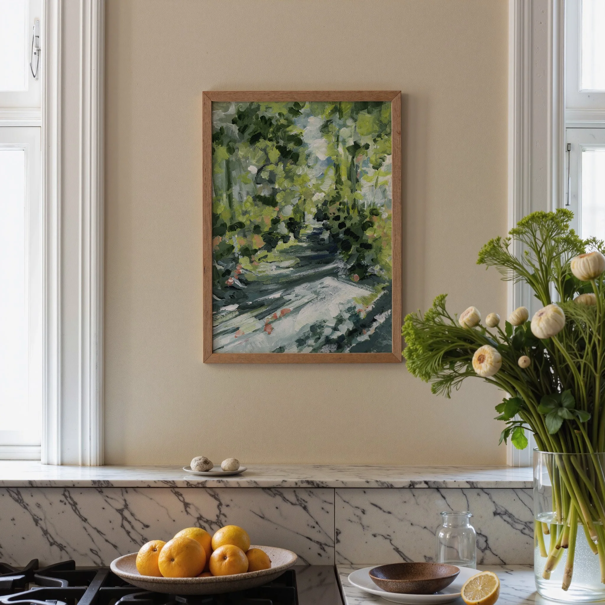 Abstract forest landscape wall art print in layered greens and soft neutrals, contemporary organic decor. Vertical Print by Kendra Castillo, Bellingham Washington artist