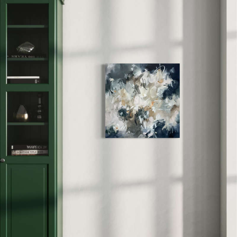 Original 24x24 abstract wall art by Bellingham artist Kendra Castillo with moody blue tones, soft neutrals, and energetic painted details.