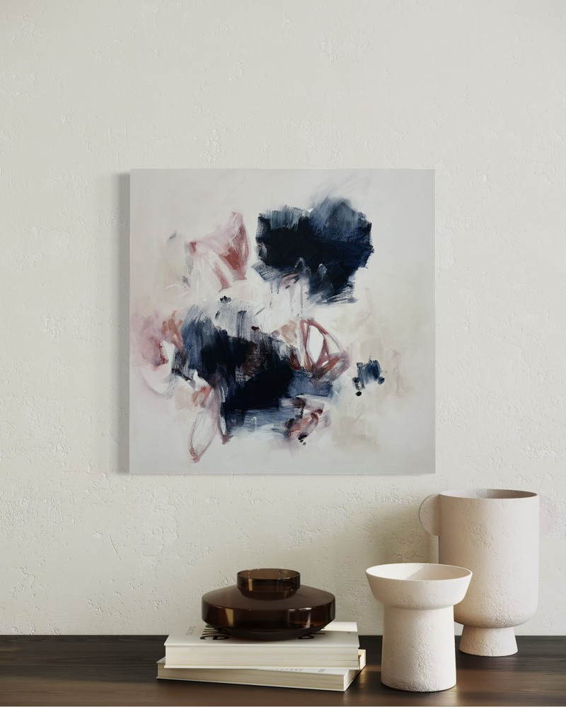 Original 24x24 abstract wall art by Pacific Northwest artist Kendra Castillo with airy white space, deep navy marks, and soft pink accents.
