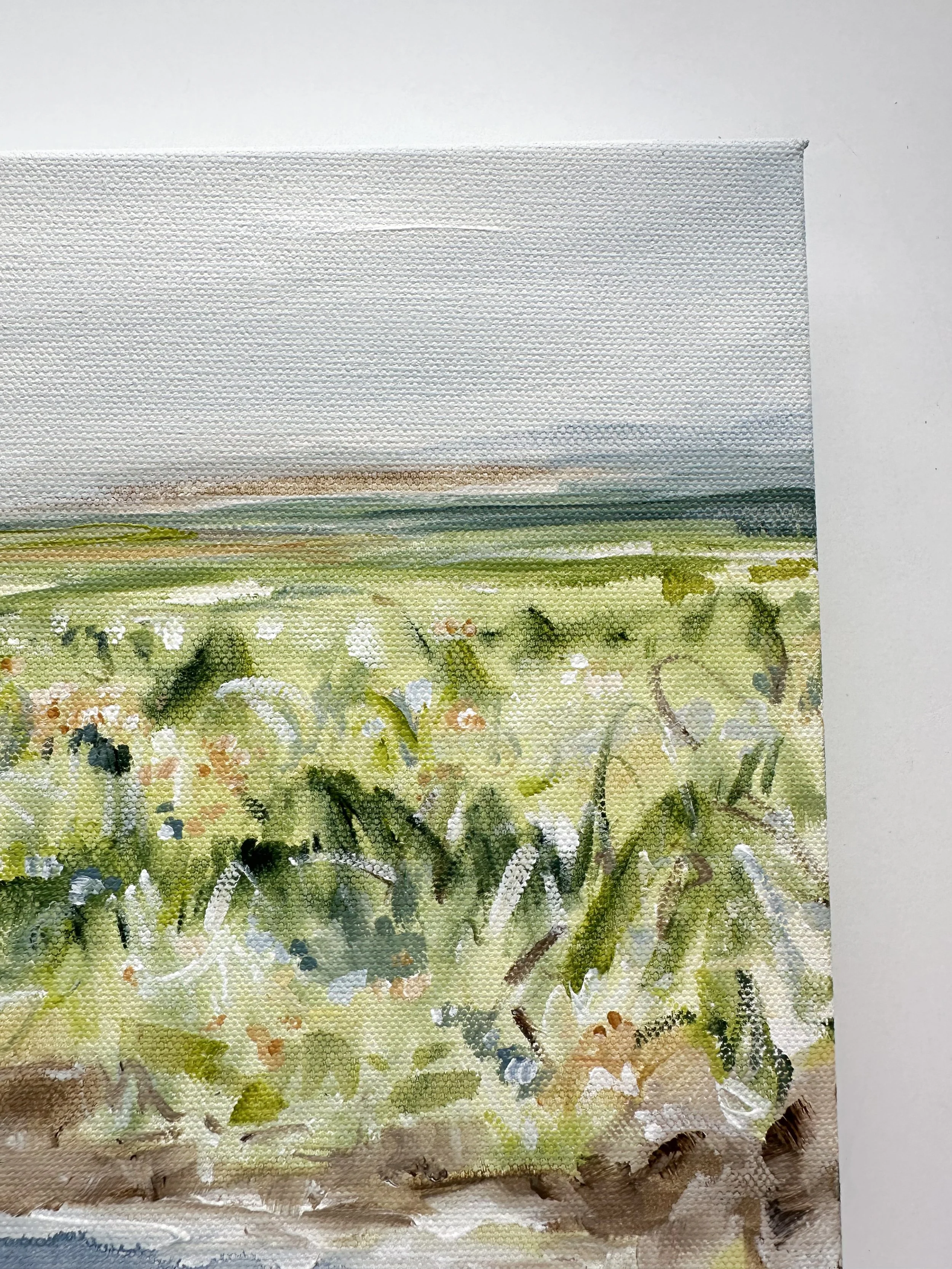 Soft blue and green shoreline painting, original canvas artwork for serene home decor