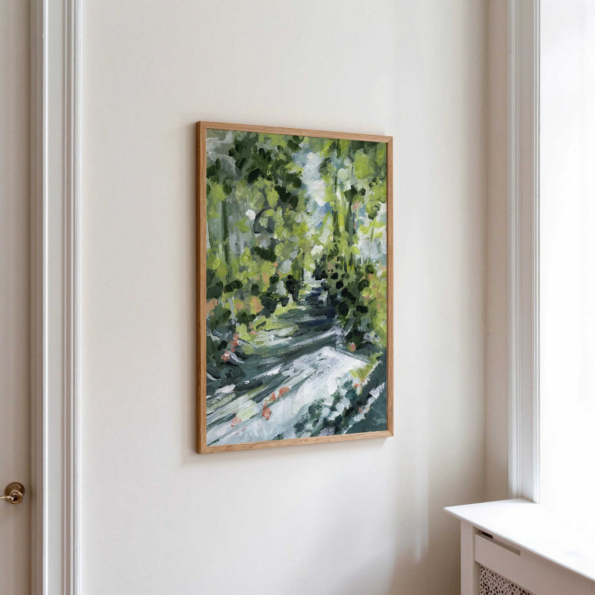 Abstract forest landscape wall art print in layered greens and soft neutrals, contemporary organic decor. Vertical Print by Kendra Castillo, Bellingham Washington artist