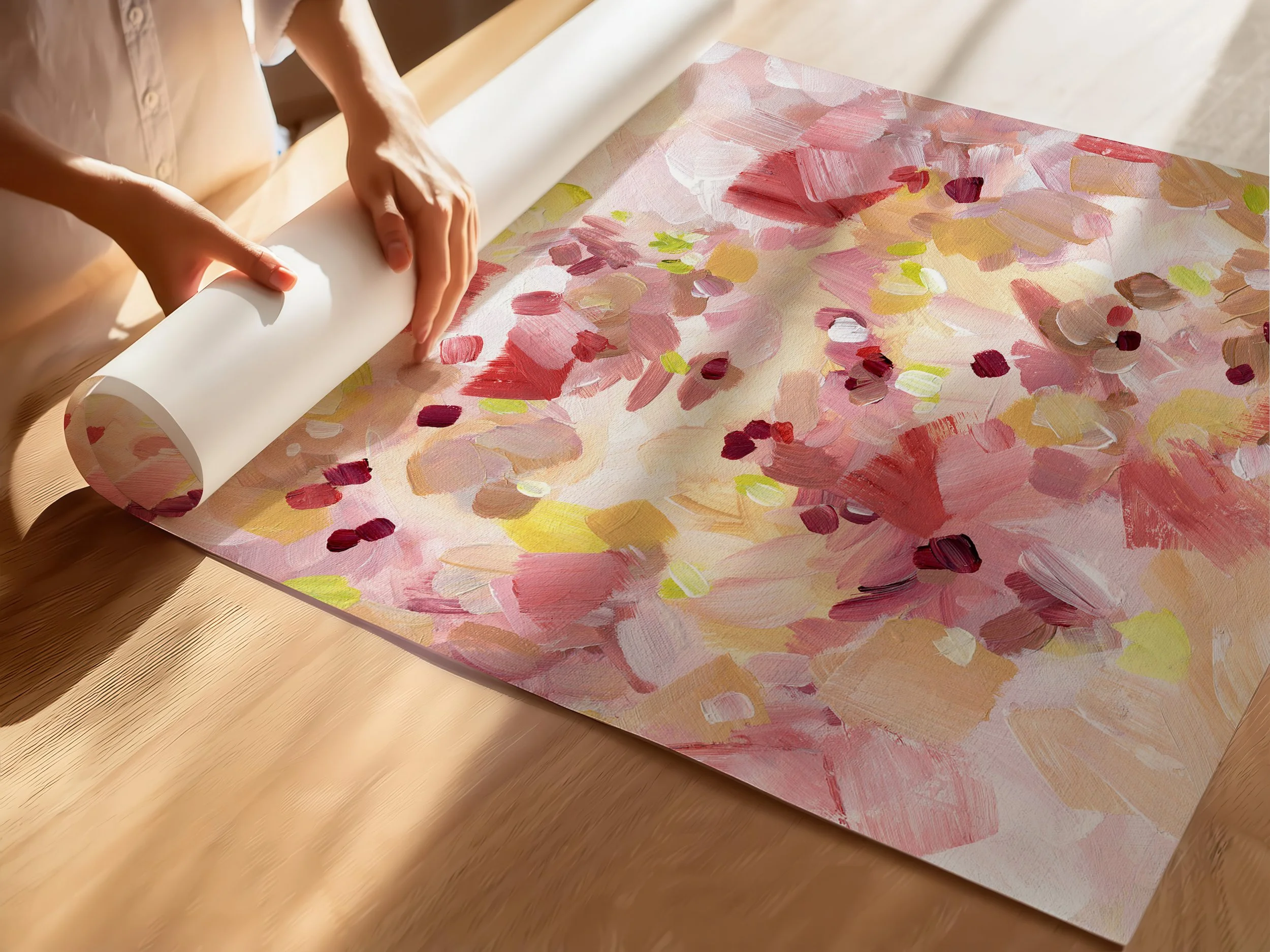 Soft abstract art print with layered pink brushstrokes and warm creamy tones, light airy wall decor. Art by Kendra Castillo