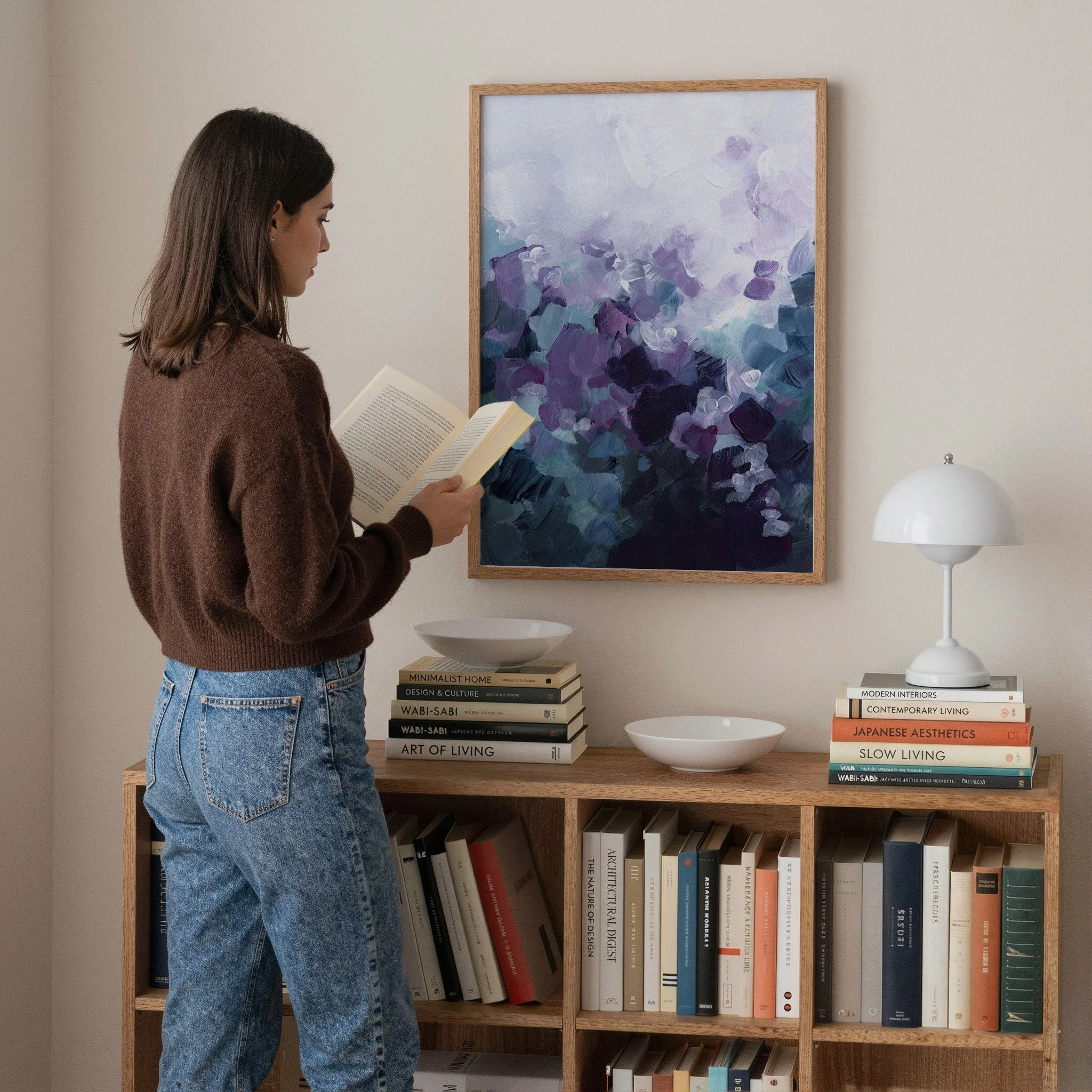 Playful Wonder - contemporary vertical abstract art print with purple accents. Art by Kendra Castillo