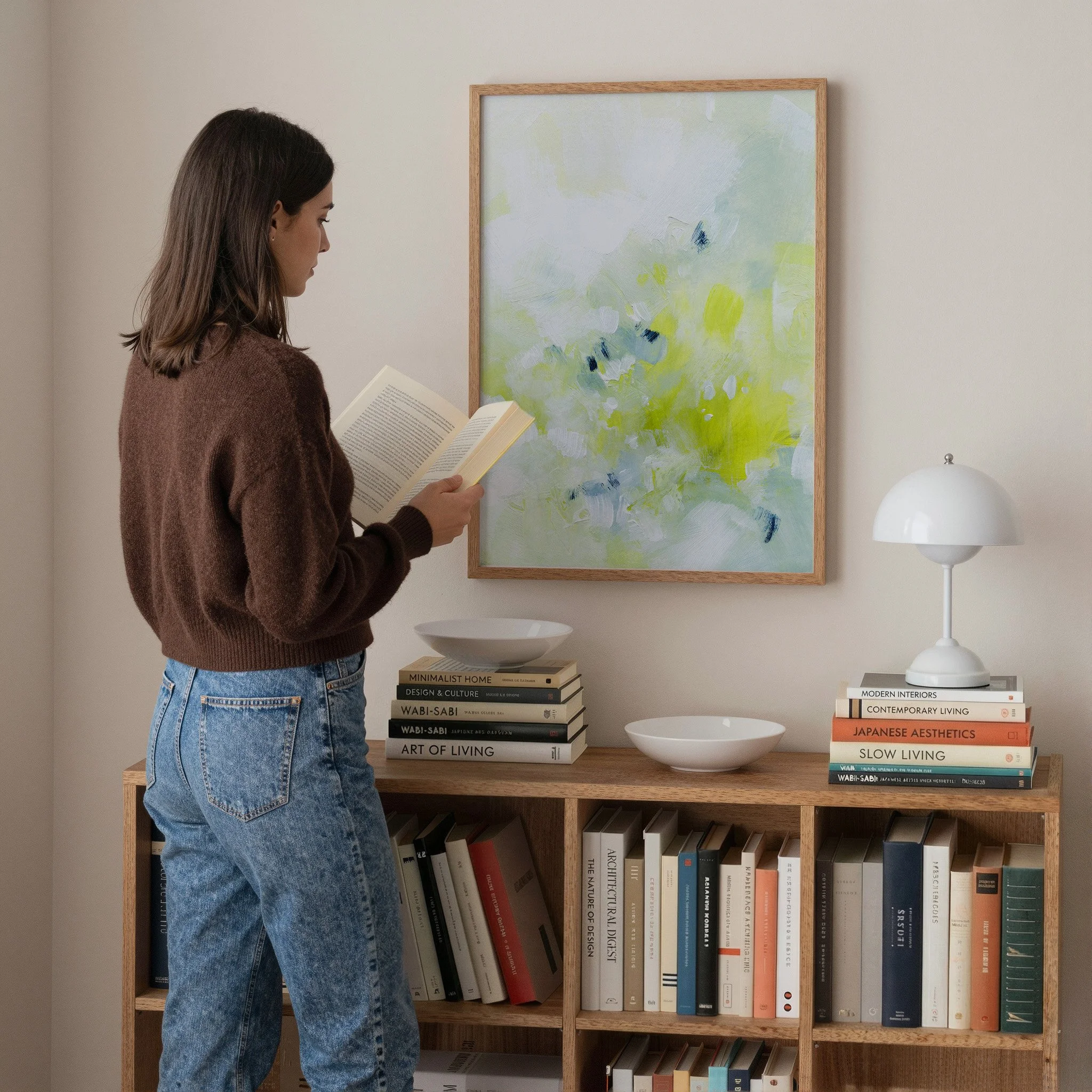 Minimal abstract fine art print with pale sage and bright chartreuse accents, fresh contemporary wall decor. Art by Kendra Castillo, Bellingham Washington artist