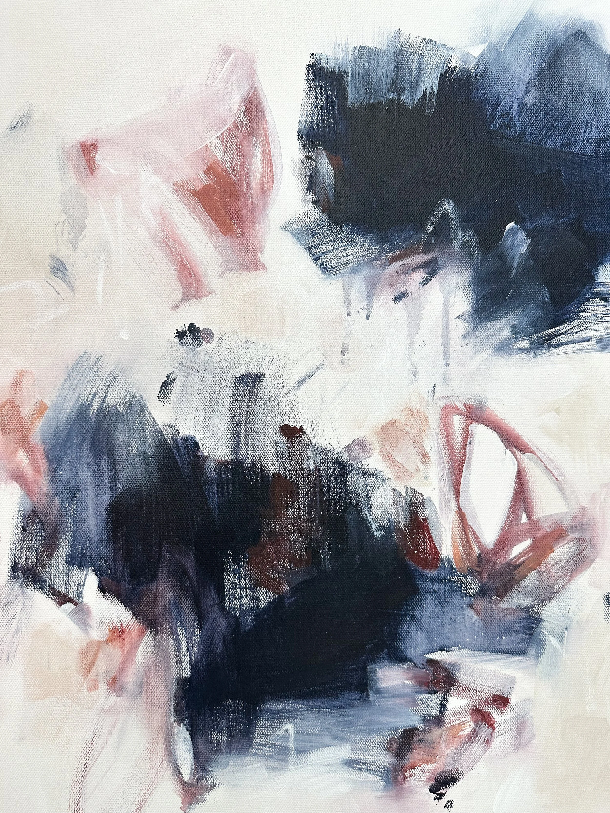 Soft abstract original painting on canvas by Bellingham artist Kendra Castillo, featuring feminine blush tones, navy contrast, and expressive movement.