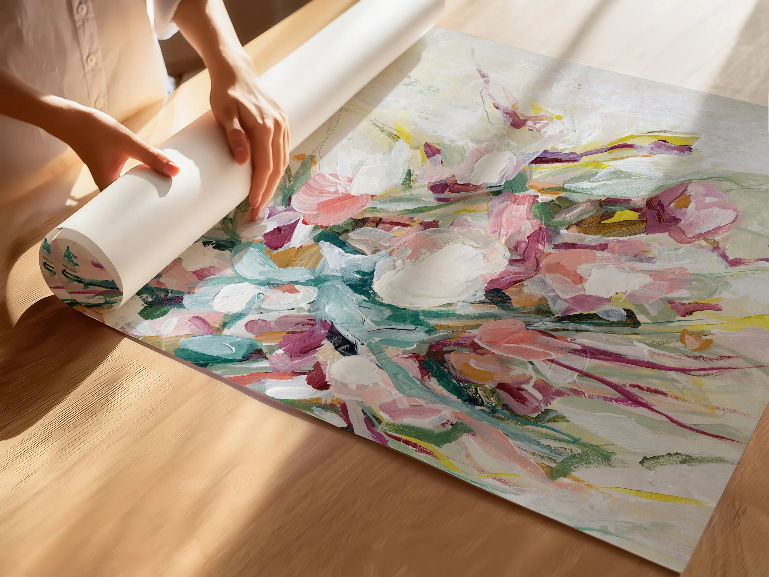 Abstract floral wall art print with soft pink, cream, and sage tones, airy modern decor. Art by Kendra Castillo, Bellingham Washington Artist