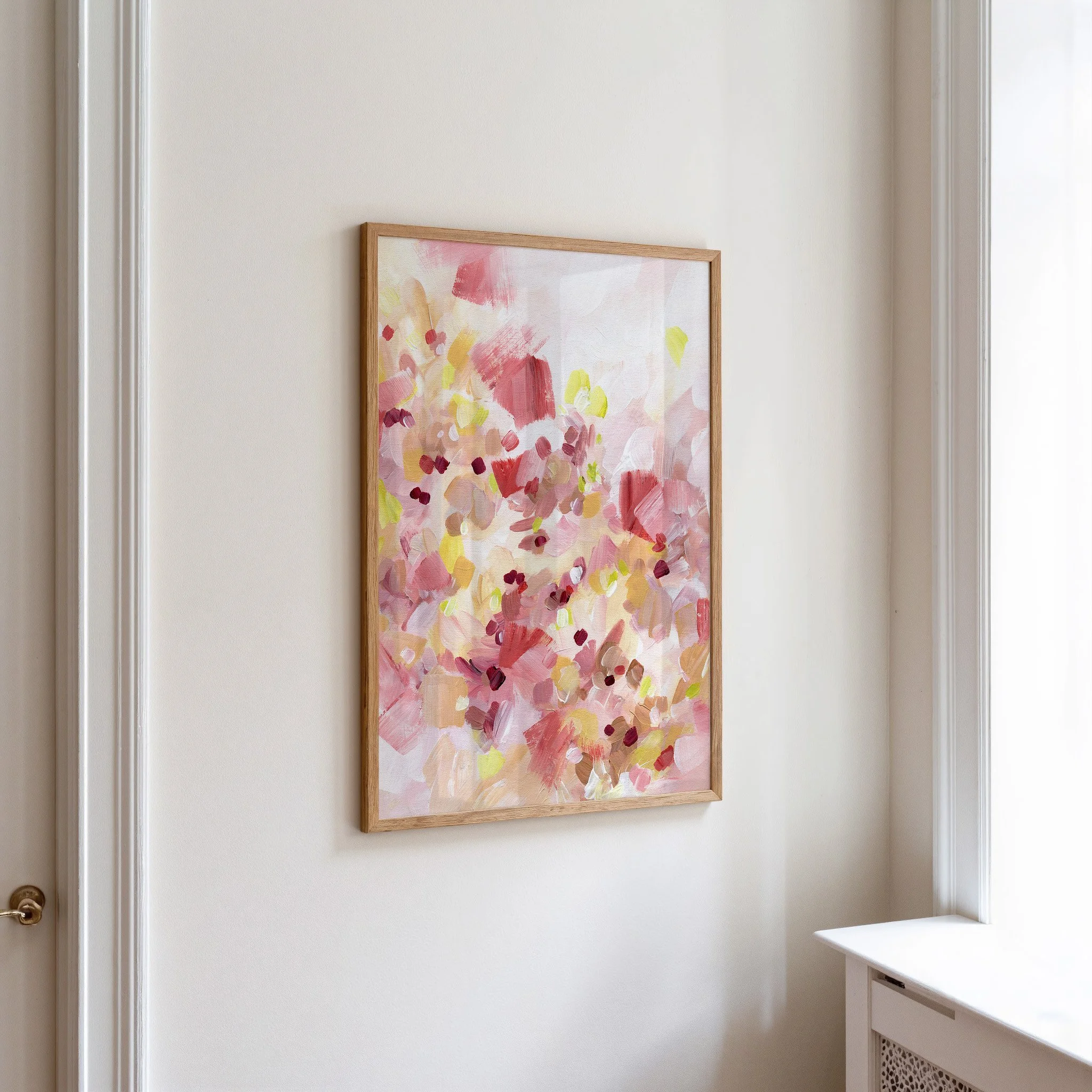 Soft abstract art print with layered pink brushstrokes and warm creamy tones, light airy wall decor. Art by Kendra Castillo