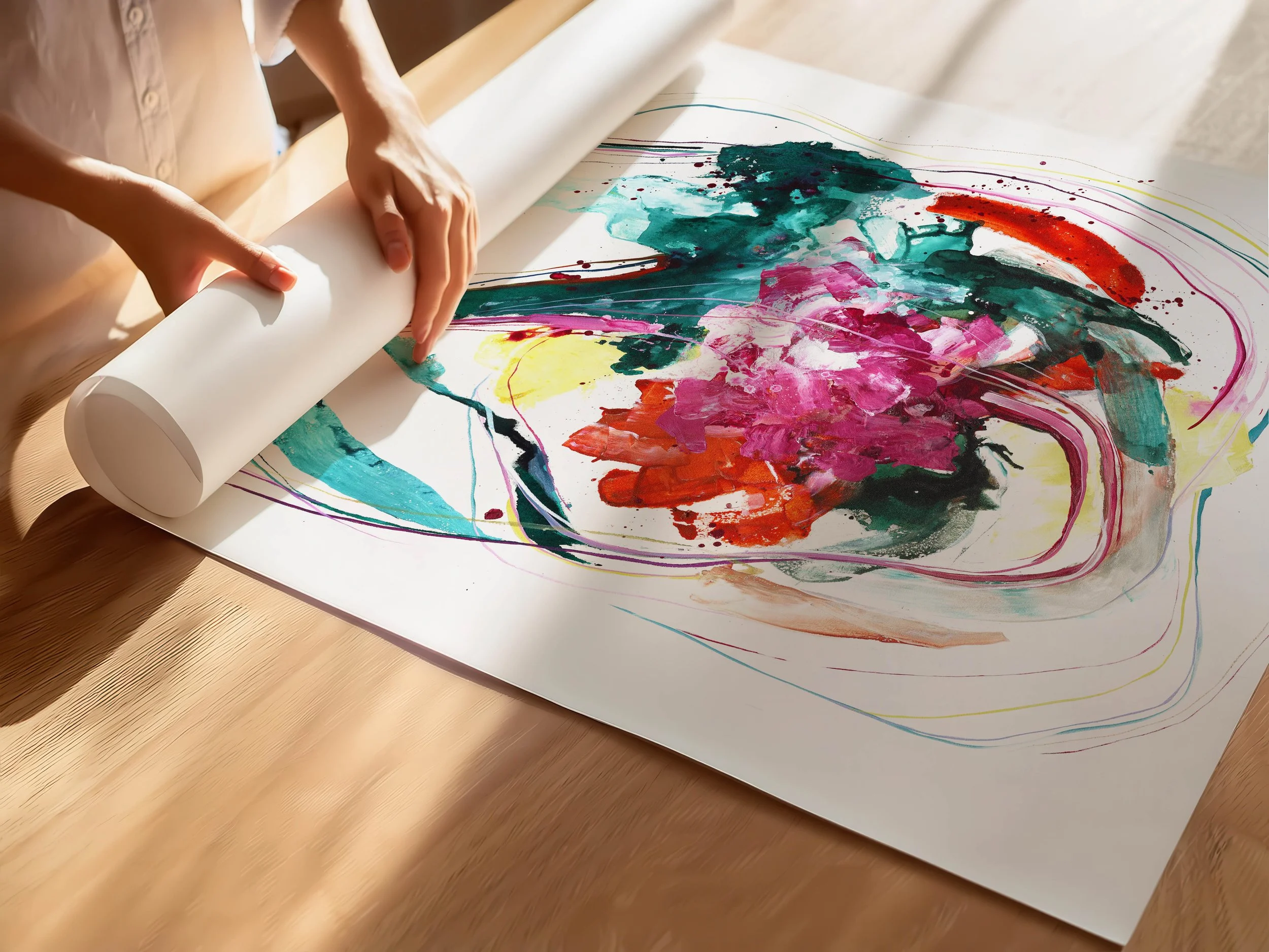 Colorful abstract art print by Kendra Castillo, pink, red, teals accent this vertical art print