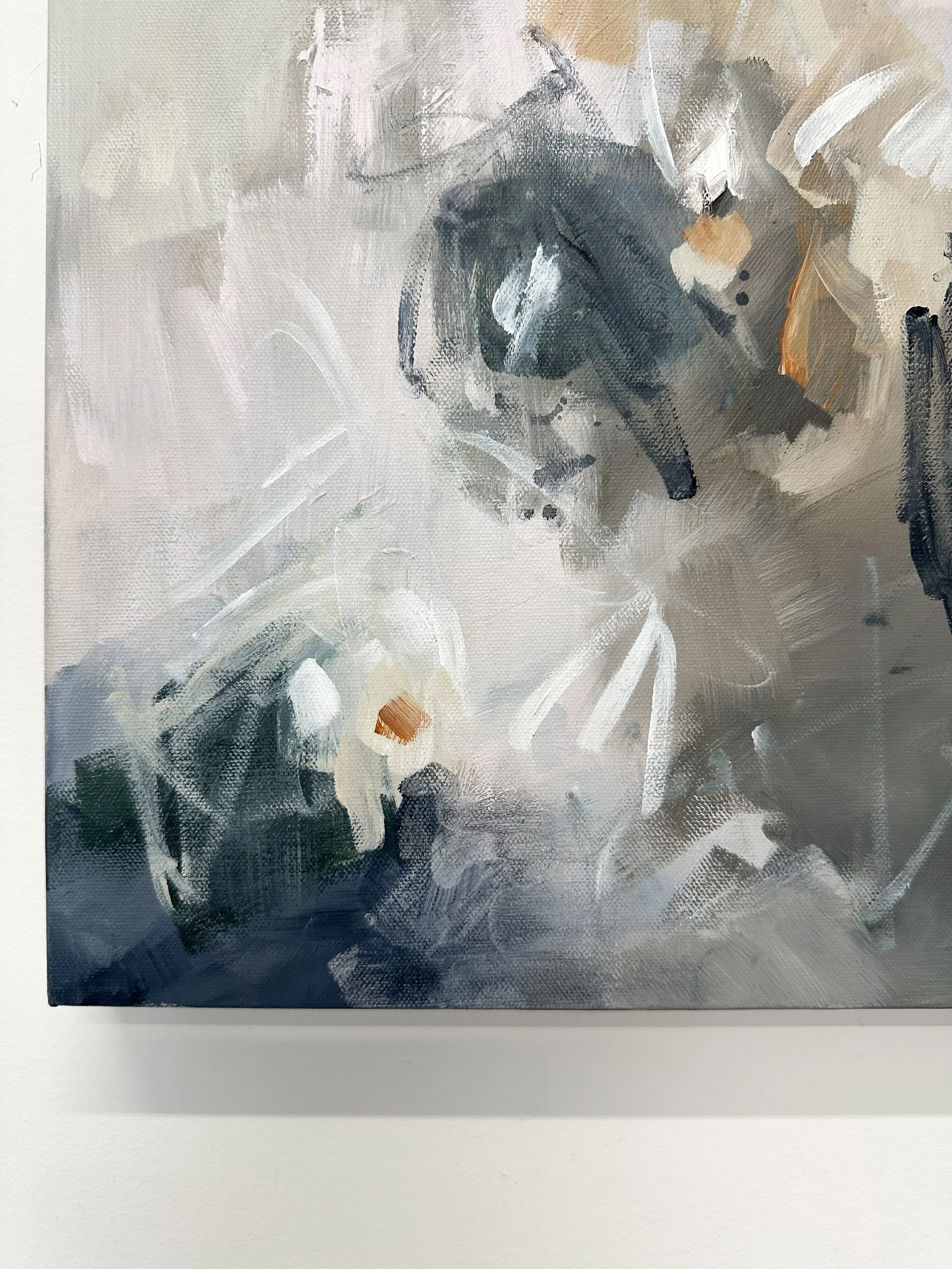 Original 24x24 abstract wall art by Bellingham artist Kendra Castillo with moody blue tones, soft neutrals, and energetic painted details.