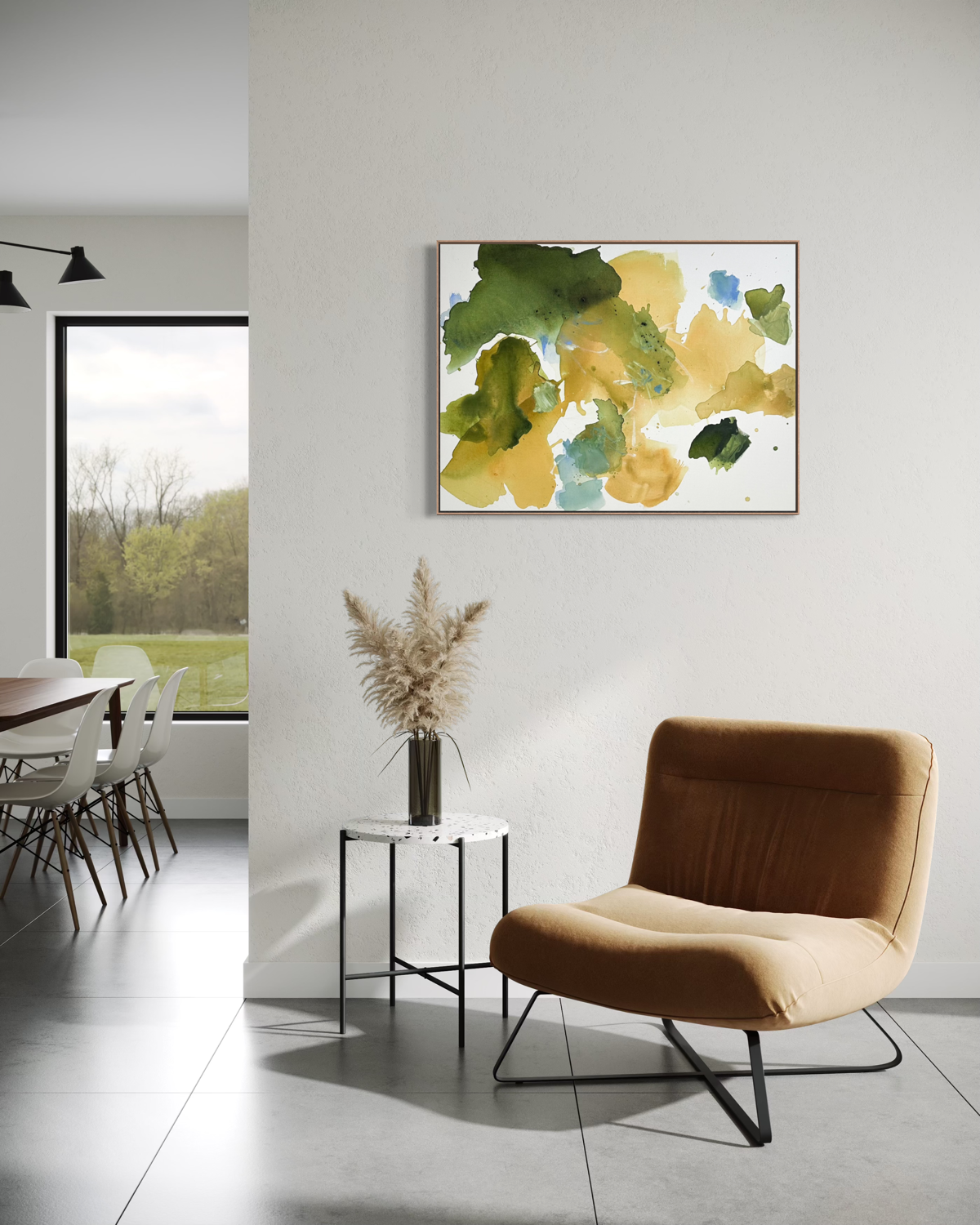 Modern living room with canvas painting in rich greens, yellow gold tones and soft blue accents in this 30x40 original abstract painting by Kendra Castillo