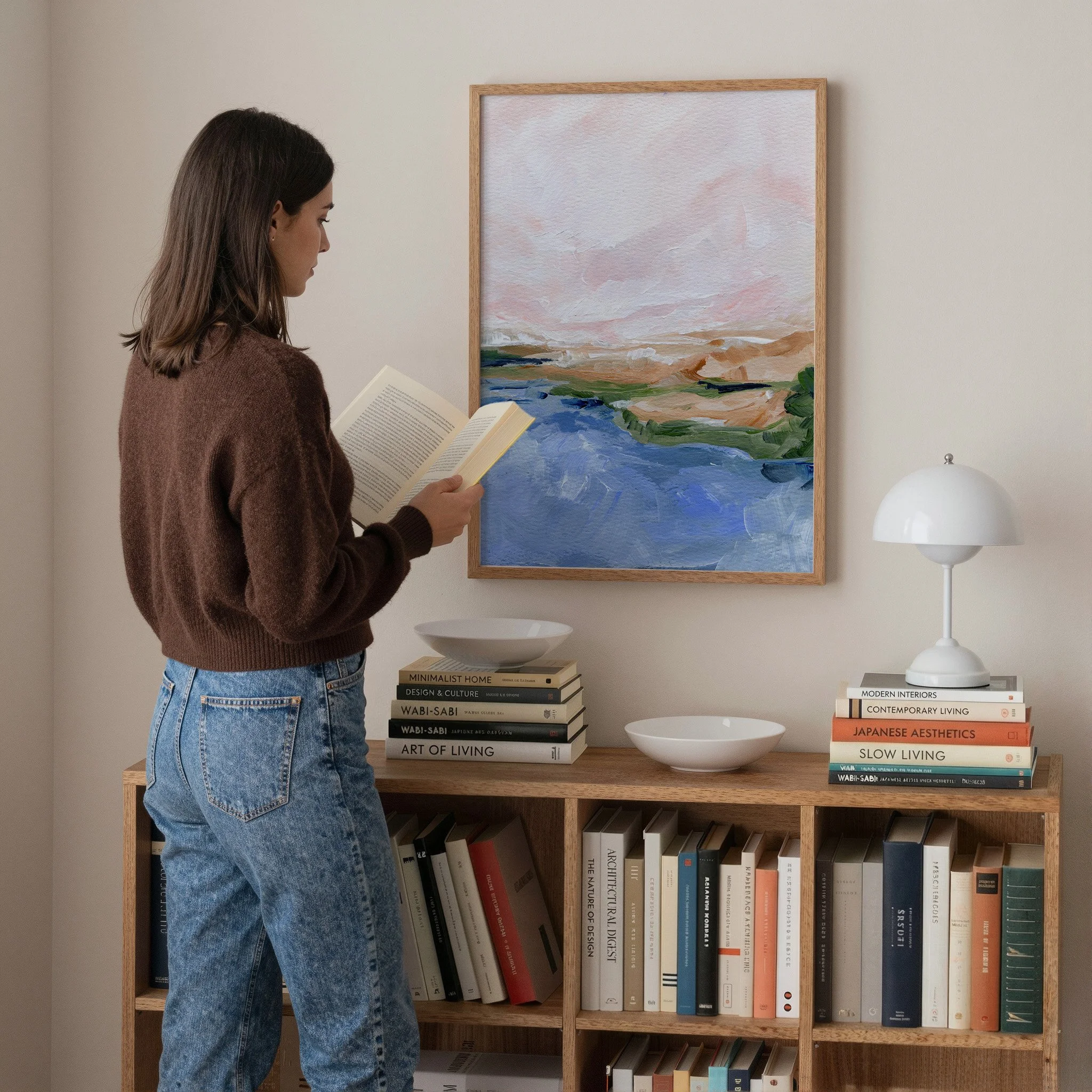 Coastal landscape art print with soft pink sky and ocean blue tones, calm modern wall decor. Art by Kendra Castillo, Bellingham Washington Artist