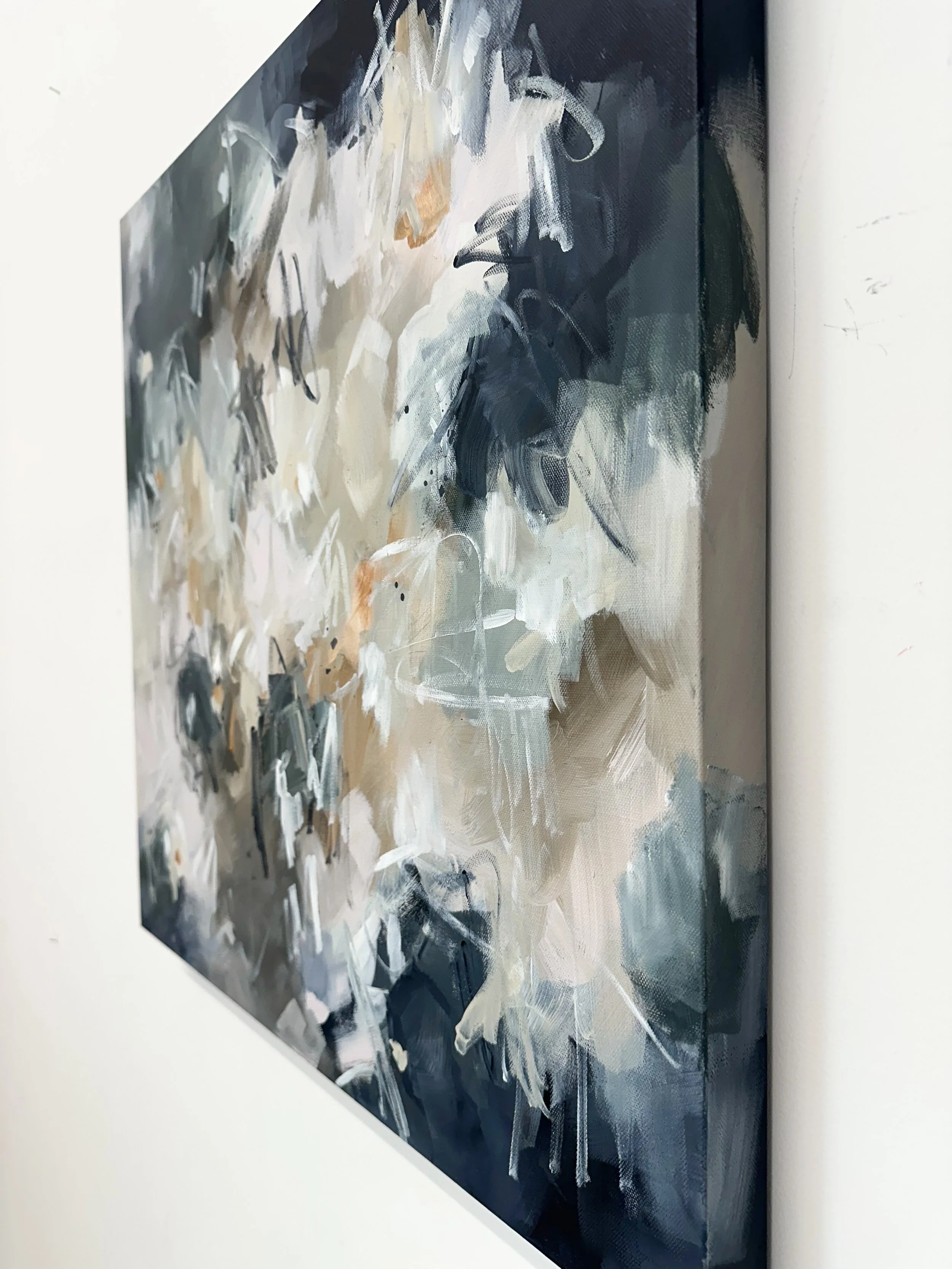 Navy and cream abstract original painting on canvas by Pacific Northwest artist Kendra Castillo, featuring layered movement, texture, and expressive marks.