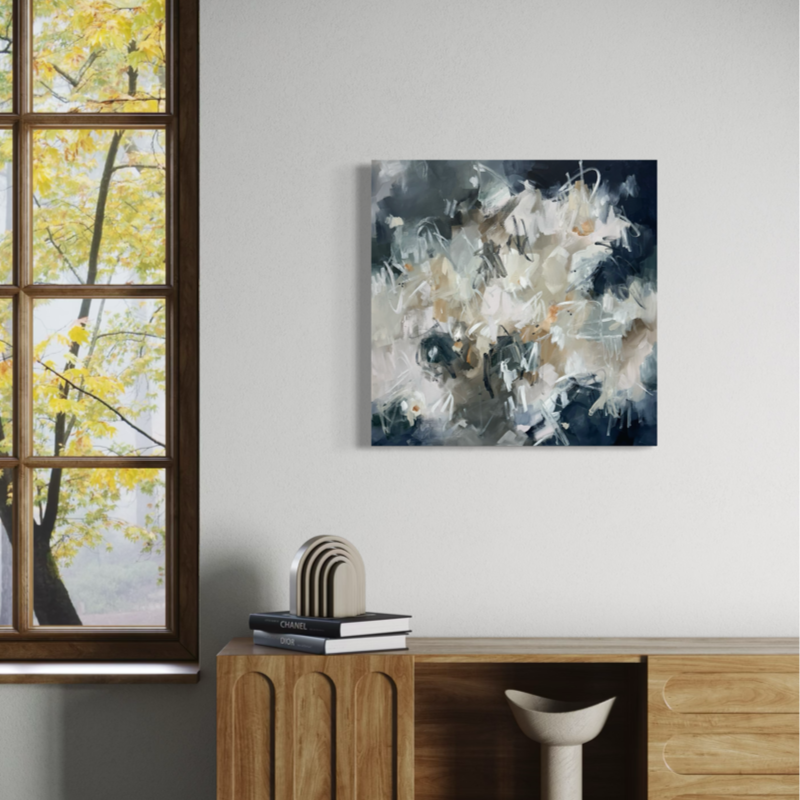 Moody 24x24 abstract acrylic painting by Washington artist Kendra Castillo with deep blue, grey, cream, and white gestural marks, wired and ready to hang.