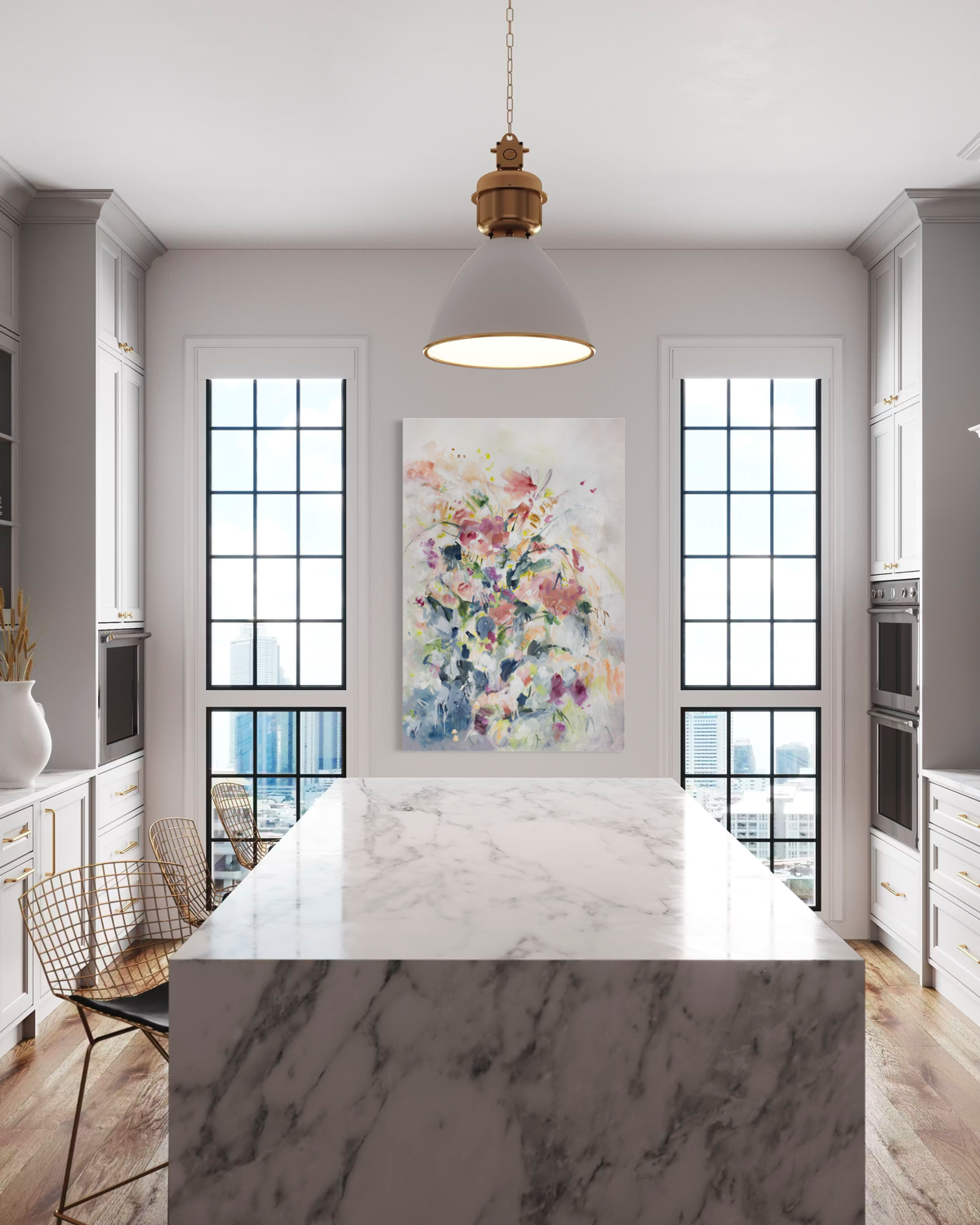 large abstract floral painting on canvas seen in modern kitchen. Original art by Kendra Castillo